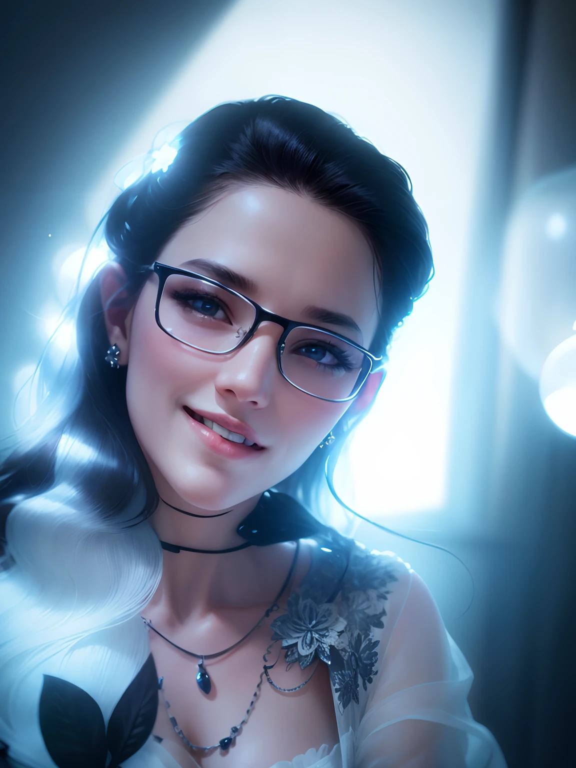 Best quality, masterpiece, high resolution, 1girl, clear silk porcelain dress, beautiful face, hair accessories, looking at the audience, smiling, close your mouth, lips, dress, hair accessories, necklaces, jewelry, long hair, earrings, beautiful face, on the body, Tindal effect, realism, dark studio, edge lighting, two-tone lighting, (high detail skin: 1.2), 8k UHD, DSLR, soft light, high quality, volumetric lighting, photo, high resolution 4K, 8k, blurred background