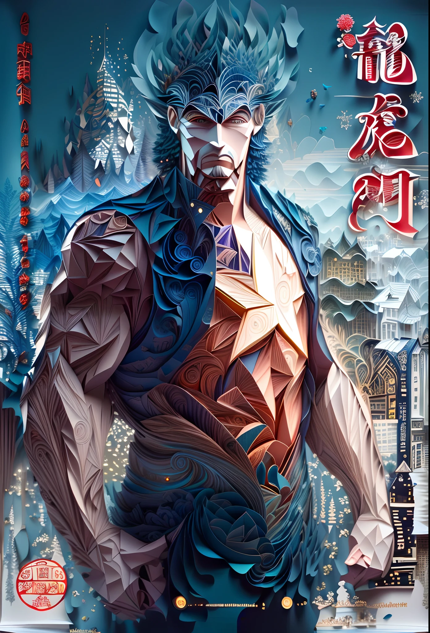 ((((Masterpiece))), Best quality, Illustrations, Beautiful details glow,
Three-dimensional paper carving rolling art ,hero,Facial details clearly visible,