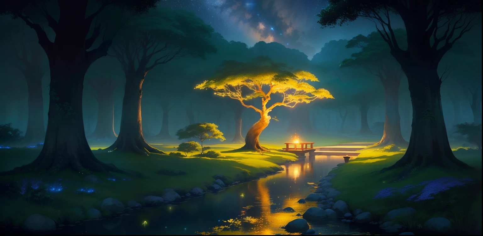 Sky with twinkling stars and gradients of bright colors.best qualtiy.Quiet creek.banyan tree.Dramatic.Beautiful green leaves.masterpiece.best qualtiy.Fireflies and glowing particle effect.high-level image quality.