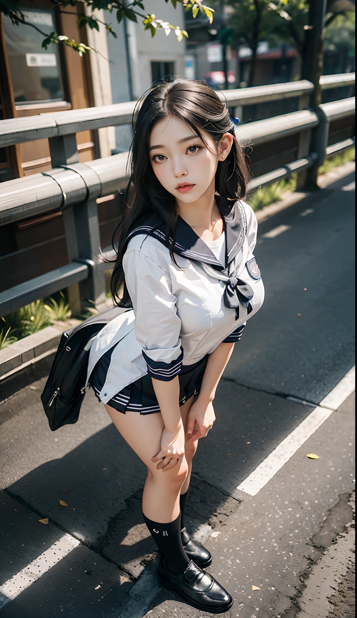 (Japanese-style school，the cherry trees：1. Elven Maiden，Silver-and-black hair，standing on your feet，a sailor suit）， tmasterpiece， best qualtiy， RAW photogr， realisticlying， Incredibly Ridiculous res，Elf long ears， ear studs，hair pin， (Long flowing hair in silver and black：1.9)，eye shadows，(a sailor suit)，eardrop，foot ring，short  skirt，(Black sport socks)（Black half-knee socks)，(Loafer shoes)，two longer legs，depth of fields， A high resolution， ultra - detailed， filigree， RAWE is very detailed， very detailed eyes and faces， Sharp pupils， realistic pupil， tack sharp focus， cinmatic lighting，full bodyesbian，Bigboobs，long leges，From the front side，dynamicposes，Normal posture，closeup of face
