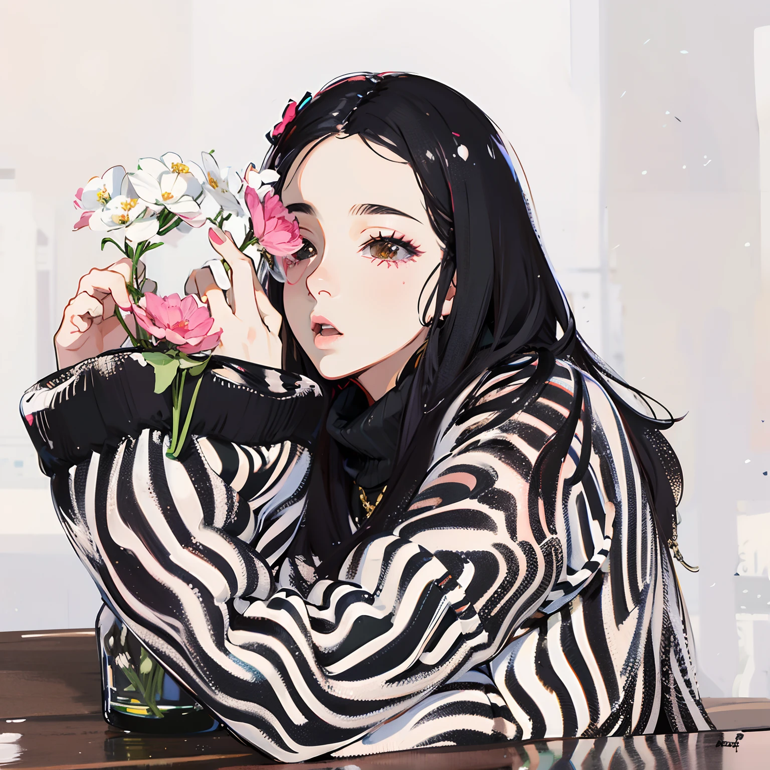 Arakfi girls，cabelos preto e longos，Zebra print sweater，Holding a flower in hand, ulzzangs, jisoo from blackpink, portrait of jossi of blackpink, jossi of blackpink, xintong chen, jisoo of blackpink, xision wu, zmonzheng, Li Zixin, lulu chen, jinyiwei, Fan Bingbing, portrait jisoo blackpink