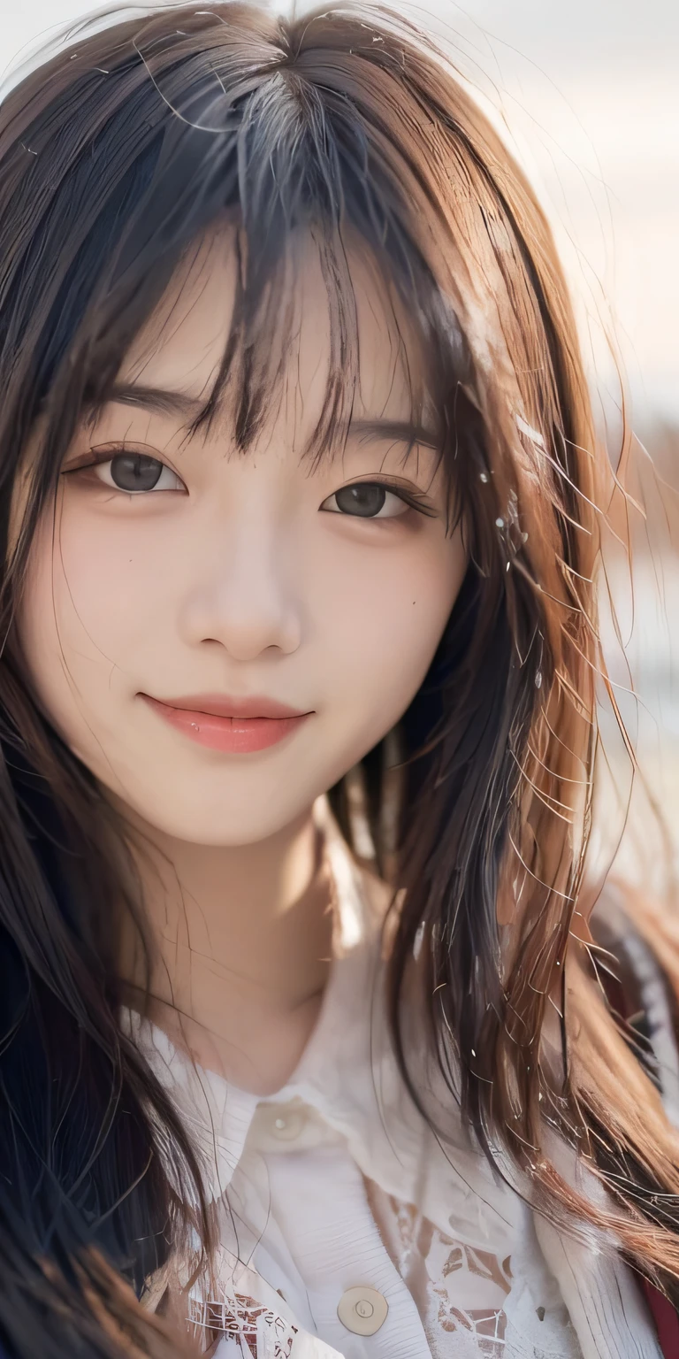 RAW Photography, Cute Girl Long Shot Portrait Photography, Smiling, Sally, (Lust), Slim Body, (Sea Background), (High Detail Skin: 1.2), 8k UHD, DSLR, Soft Lighting, High Quality, Film Grain, Fujifilm XT3