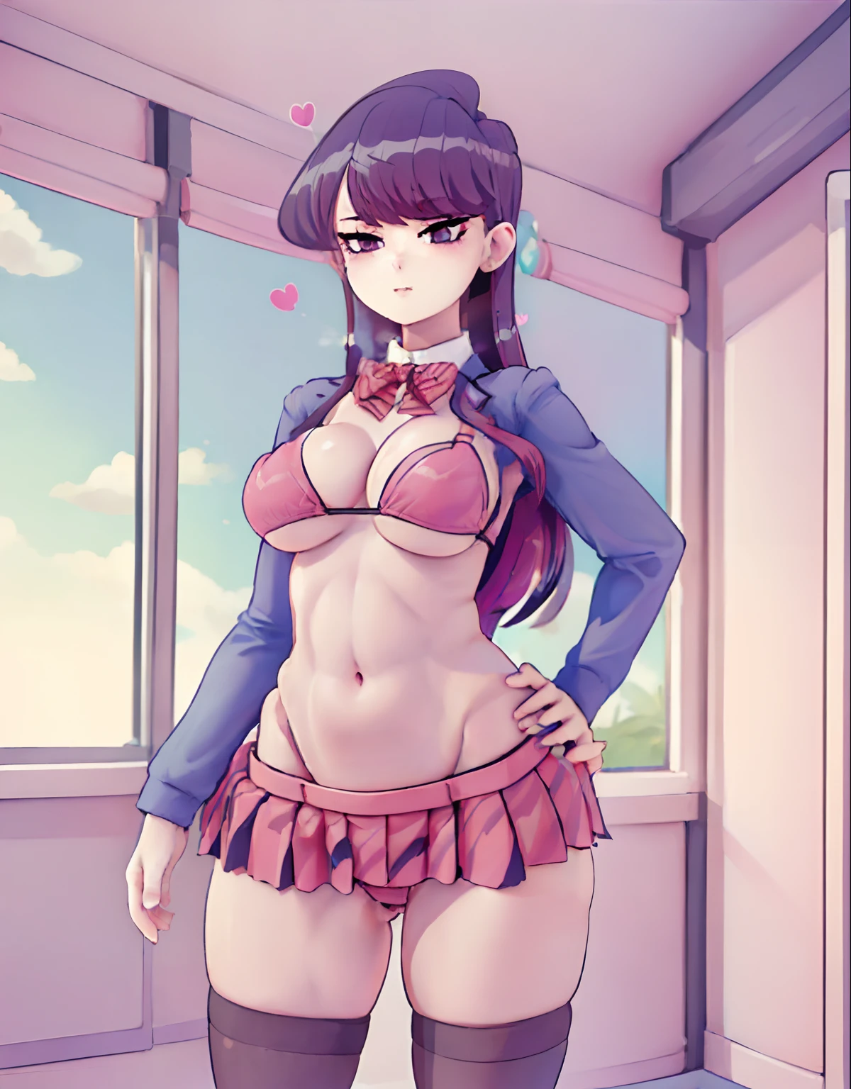 masterpiece, best quality, ultra detailed, art station, (full body in frame), 1girl, romanticism, solo, (detailed face), cute face, (((slim face))), ((sharp jawline)), blush:1.2, (heart shaped pupil:1.4), seductive smile, gasp, steam, (big eyes), panic, flustered, wind swept hair, cute choker, black choker, bowtie, (((tight school uniform))), (((mini school uniform))), (cropped school unform), ((bikini:1.4)), medium large boobs, perky boobs, puffy , perky , cleavage visible, showing off cleavage, showing off midriff, (showing off belly), (muffin top belly), abs, slightly muscular abs, accurate belly button, accurate lower belly, (slim waist), (wide hips), (panty strings:1.1), (((thong strings:1.1))), (mini skirt), thick thighs, (muscular thighs:1.2), (muffin thighs:1.2), thigh highs, looking at viewer, (dutch angle:1.2),facing the viewer, (background in an office:1.4), (dappling sunlight:1.2), (vibrant colours:1.2), bright colours