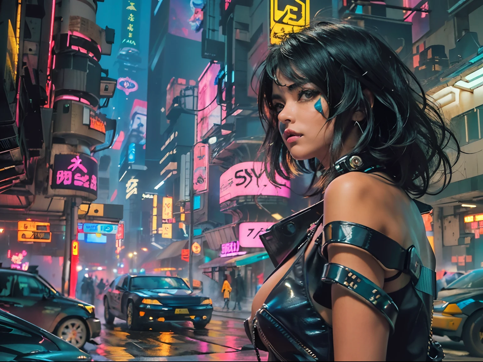 (((ultra detalhado neon cyberpunk futurista cidade ))),garota adolescente de cabelo curo loiro com mechas rosas, Detalhado e intrincado (((fundo da cidade cyberpunk))), with high-tech holographic projections and elegant architecture, Arte por (((Syd Mead, Masamune Shirow))), foto realista altamente detalhada, raios de deus, Ultra sharp focus, Ultra alta qualidade, vibrante, (peito muito enorme:1.7), (bare breasts:1.4), Glossy latex is black, latex stockings, cabelos longos, (pele brilhante:1.4), bright lips, , (detailed symmetrical face:1.7), Tonificado, sexy, master part