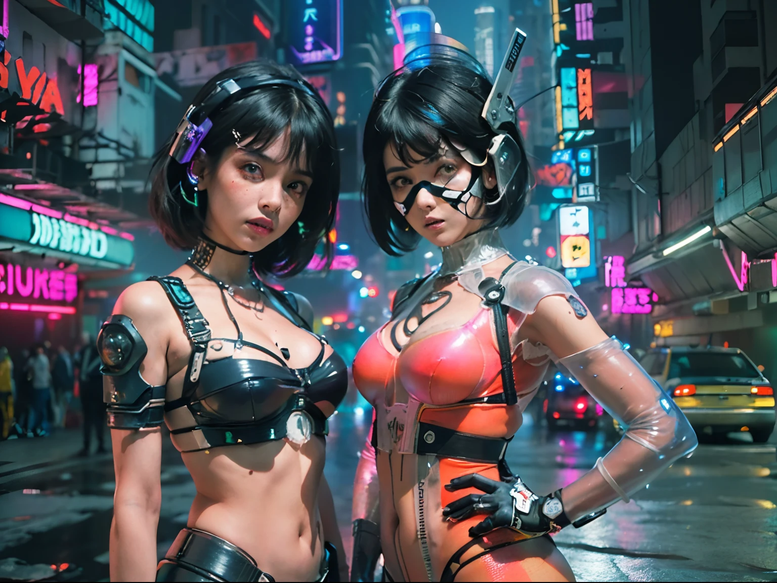 (((ultra detalhado neon cyberpunk futurista cidade ))),garota adolescente de cabelo curo loiro com mechas rosas, Detalhado e intrincado (((fundo da cidade cyberpunk))), with high-tech holographic projections and elegant architecture, Arte por (((Syd Mead, Masamune Shirow))), foto realista altamente detalhada, raios de deus, Ultra sharp focus, Ultra alta qualidade, vibrante, (peito muito enorme:1.7), (bare breasts:1.4), Glossy latex is black, latex stockings, cabelos longos, (pele brilhante:1.4), bright lips, , (detailed symmetrical face:1.7), Tonificado, sexy, master part