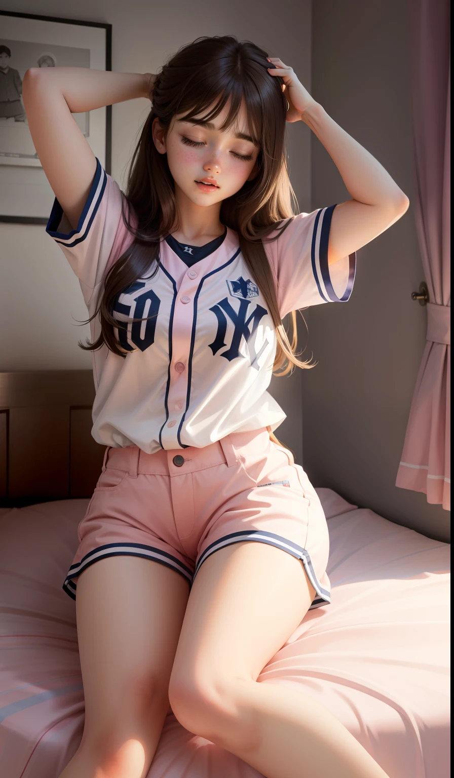 highest quality, masterpiece, (Original photo, Professional photography, photoRealistic, Realistic:1.3), Highly Detailed CG 16K Unity Wallpaper, (Best aesthetics, Natural light:1.1), Ultra-high resolution, (Correct Anatomy:1.5), ((Highly detailed skin texture:1.1)), ((From above:1.5, 1 girl, (Umeko, Sentai Dekaranger, Jacket:1.2,skirt:1.2, White panties:1.2)), Brown Hair, alone, Cowboy Shot, (24-years-old:1.1), (Looks younger than his actual age:1.3), Pretty detailed skin, Dark Eyes, Detailed nose, Beautiful Lips, ((((Lie on your back in bed, Open your arms, Sleeping, Spread your legs, Showing panties))))