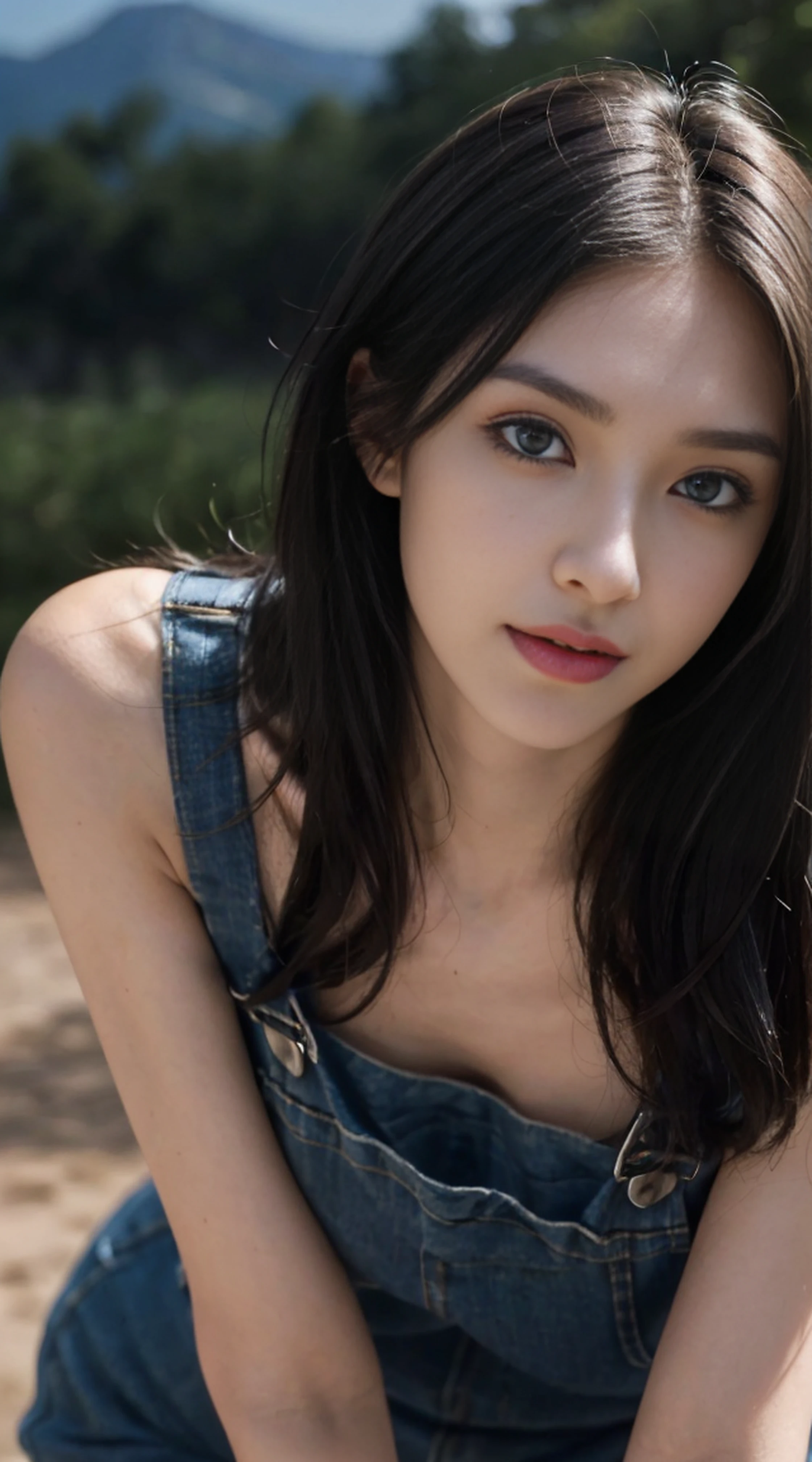 8K, Top Quality, Intricate Details, Ultra Detail, Ultra High Resolution, Masterpiece, random angle, Slender, Smile, (Makeup: 0.4), (Fluffy Blue Eyes: 1.21), blue Eyes, looking at viewer, ((full body)), 1girl, solo, 1 girl, (( full body)), close up shot, , ((tall)), (((fit body))), (((slim face))), sharp face, sharp eyes, (((black hair, long hair, )) , (detailed face), sharp face, small lips,
(( t)), ((Overalls)), detailed face, detailed breast, , large breast, detail ass, , Beautiful girl with accentuated slender abs: 1.4, Six Pack Abs: 1.4, Bust Botox, Big, Perfect Body, detail leg, (( moonlight)), top of mountain