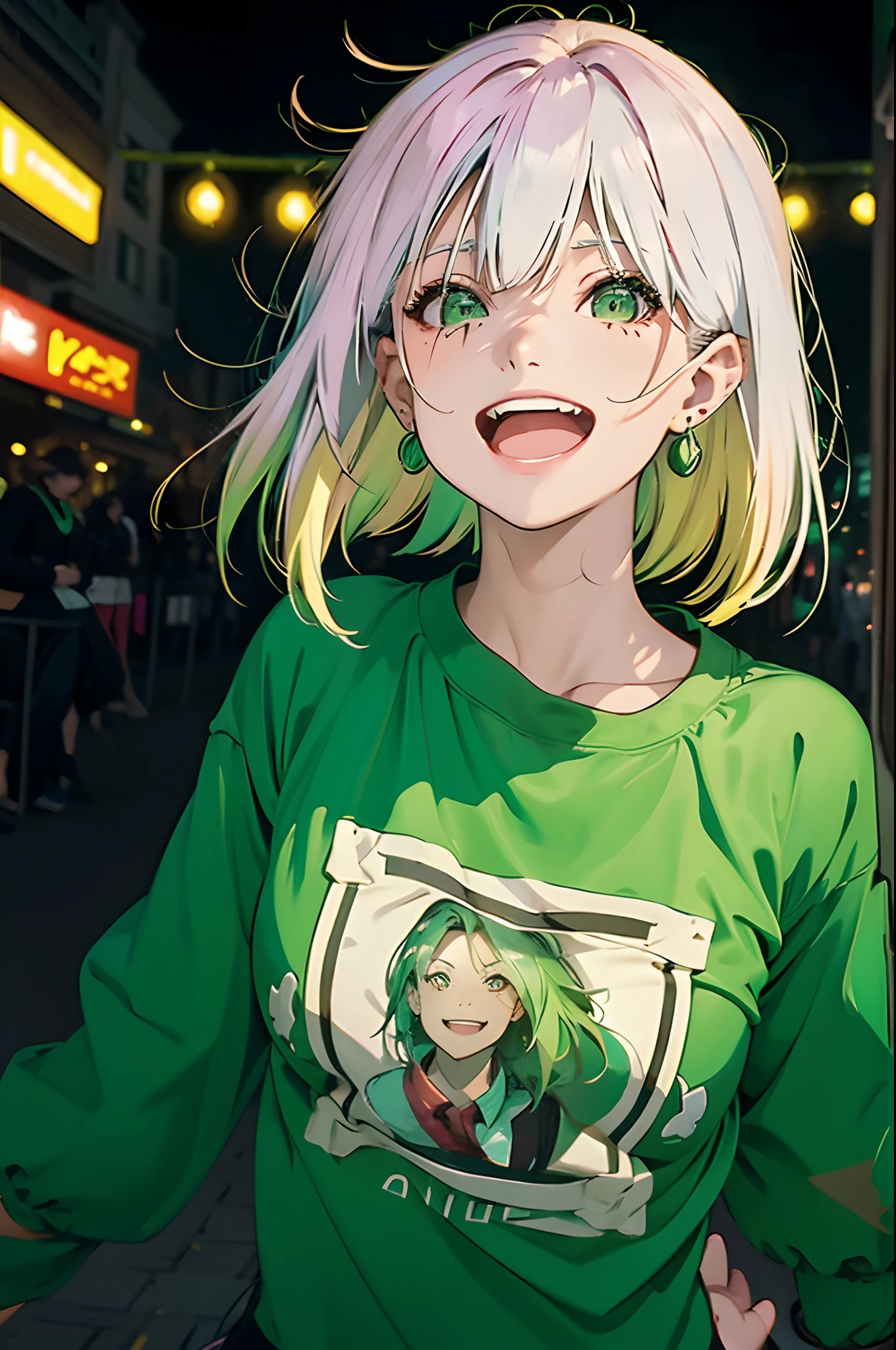 arafed woman laughing on the street with her mouth open, green shirt, laughing, linsey levendall, earing a shirt laughing, mid shot portrait, photo portrait, looking happy, medium portrait, she expressing joy, infp young woman, candid portrait photo, wearing green clothing, brandon woelfel, candid, 3 5 mm portrait