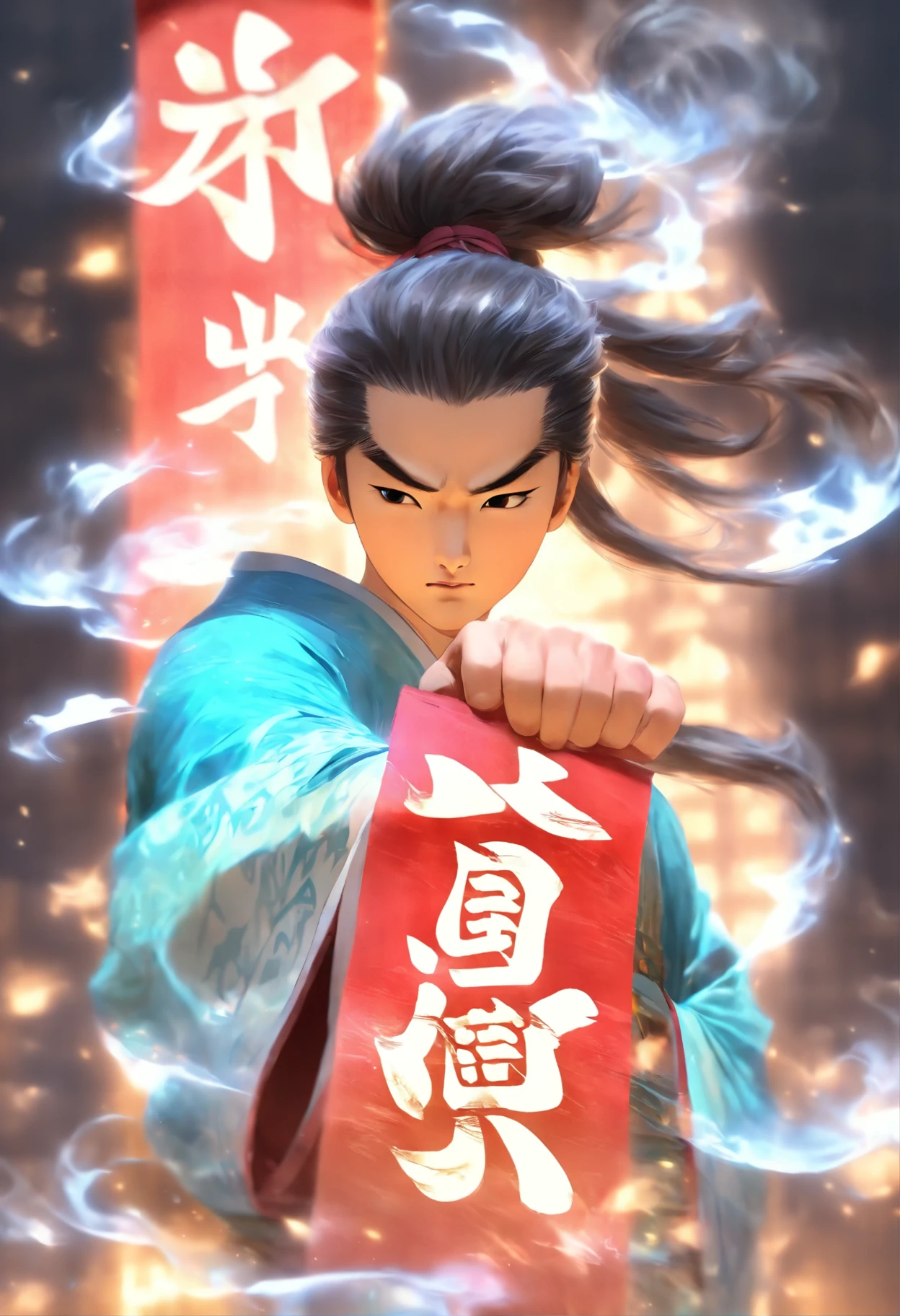 1boys,(((Solo))),full bodyesbian,Young scholars of ancient China,(Hold the transparent illuminated scroll:1.5),(Transparent glowing kanji hovering in midair:2),(Transparent kanji background:1.5),Vertical text,glittery,Scholar in blue robes,Long flowing hair flutters in the wind,16k, hyper HD, high resolution, Very detailed, Best image quality,dynamicposes,(20 columns of Chinese characters:1.6),arranged in an orderly fashion