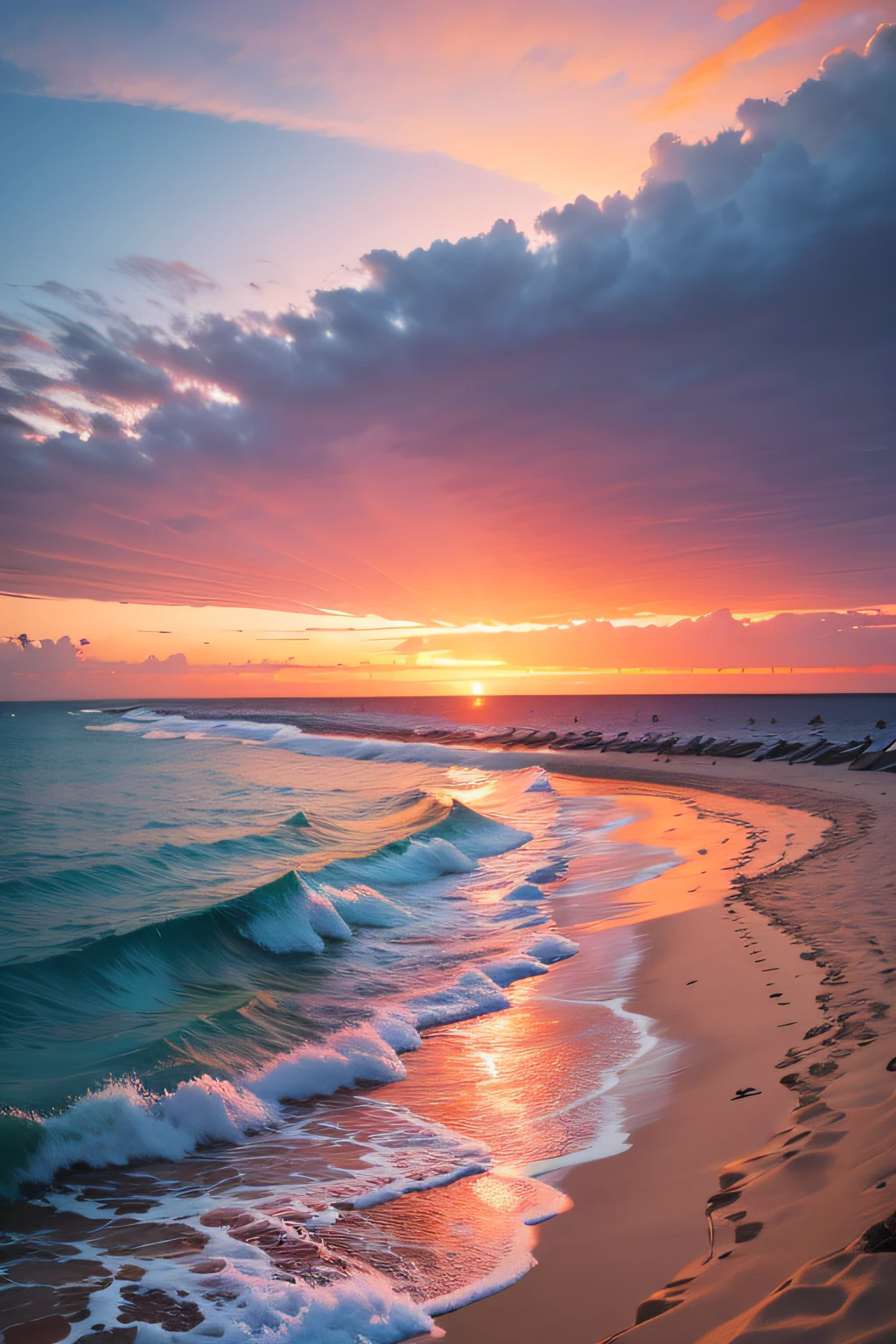 Absolutely mesmerizing sunset on the beach with a mix of oranges, pinks and yellows in the sky. The water is crystal clear, gently kissing the shore, and the white sand is endless. The scenes are action-packed and breathtaking, with seagulls soaring high in the sky and palm trees swaying gently. Immerse yourself in the calm atmosphere and let the serenity surround you.