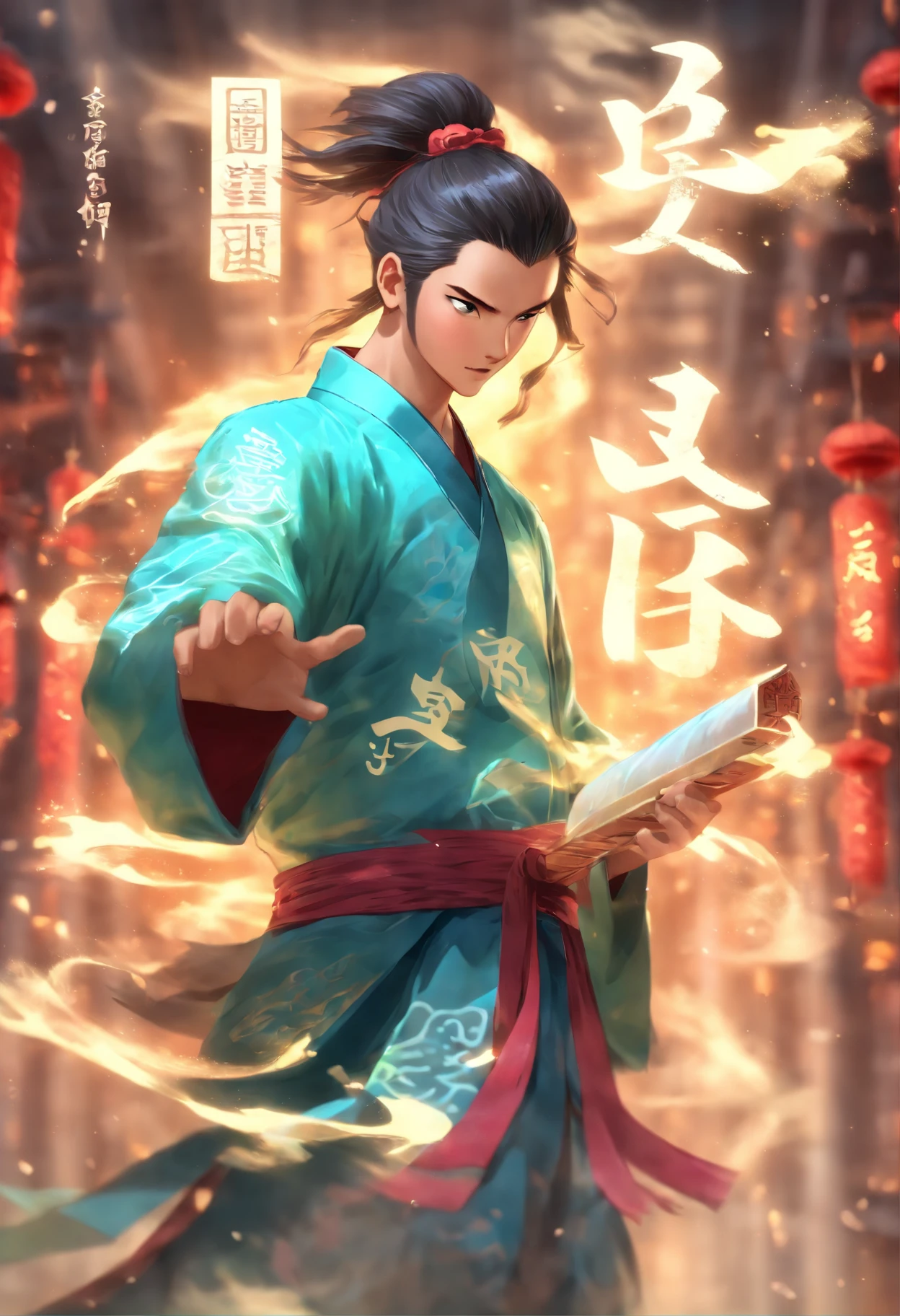 1boys,(((Solo)))，full bodyesbian,Young scholars of ancient China，(Hold the transparent illuminated scroll:1.5)，(Transparent glowing kanji hovering in midair:2)，（Transparent kanji background：1.5），Vertical text，glittery，Scholar in blue robes，Long flowing hair flutters in the wind，16k, hyper HD, high resolution, Very detailed, Best image quality,dynamicposes，(20 columns of Chinese characters:1.6)，arranged in an orderly fashion