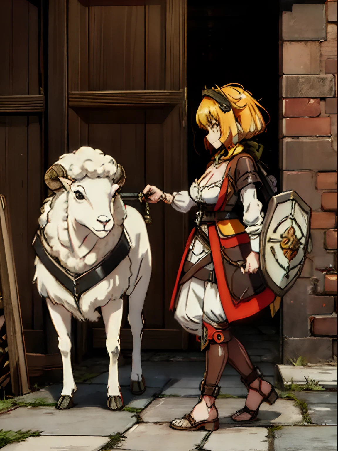 Sheep style Monster in the background In a dungeon scenery, from the side, Roxxane holding a sword and a round wooden shield, battle pose,