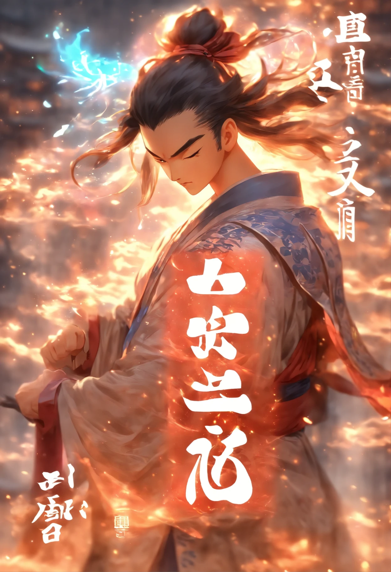1boys,(((Solo))),full bodyesbian,Young scholars of ancient China,(Hold the transparent illuminated scroll:1.5),(Transparent glowing kanji hovering in midair:2),(Transparent kanji background:1.5),Vertical text,glittery,Scholar in blue robes,Long flowing hair flutters in the wind,16k, hyper HD, high resolution, Very detailed, Best image quality,dynamicposes,(20 columns of Chinese characters:1.6),arranged in an orderly fashion