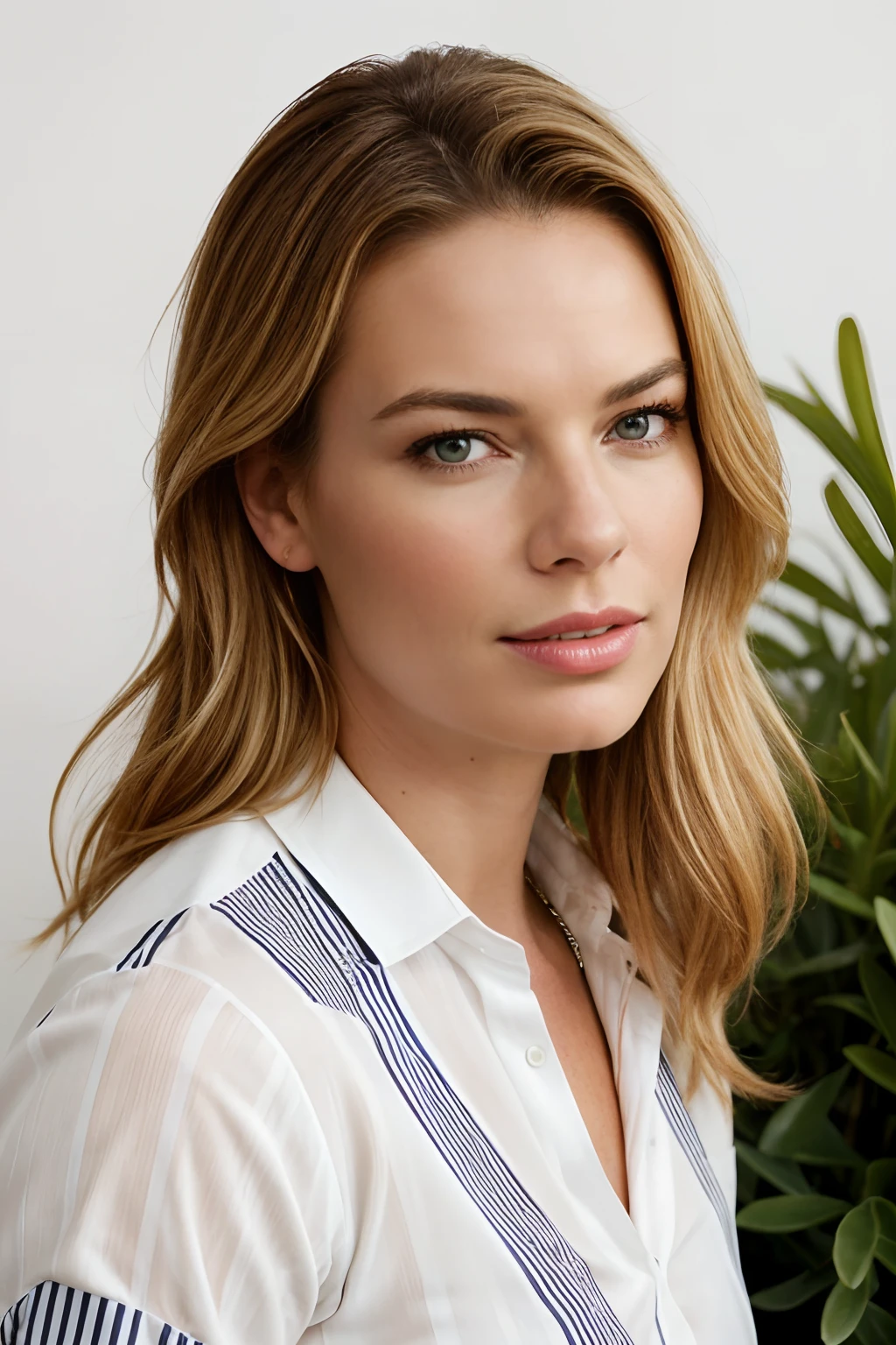 Rebecca romijn wearing a striped shirt, a portrait by Isabel Naftel, trending on pinterest, bauhaus, minimalist, angular, ornate
