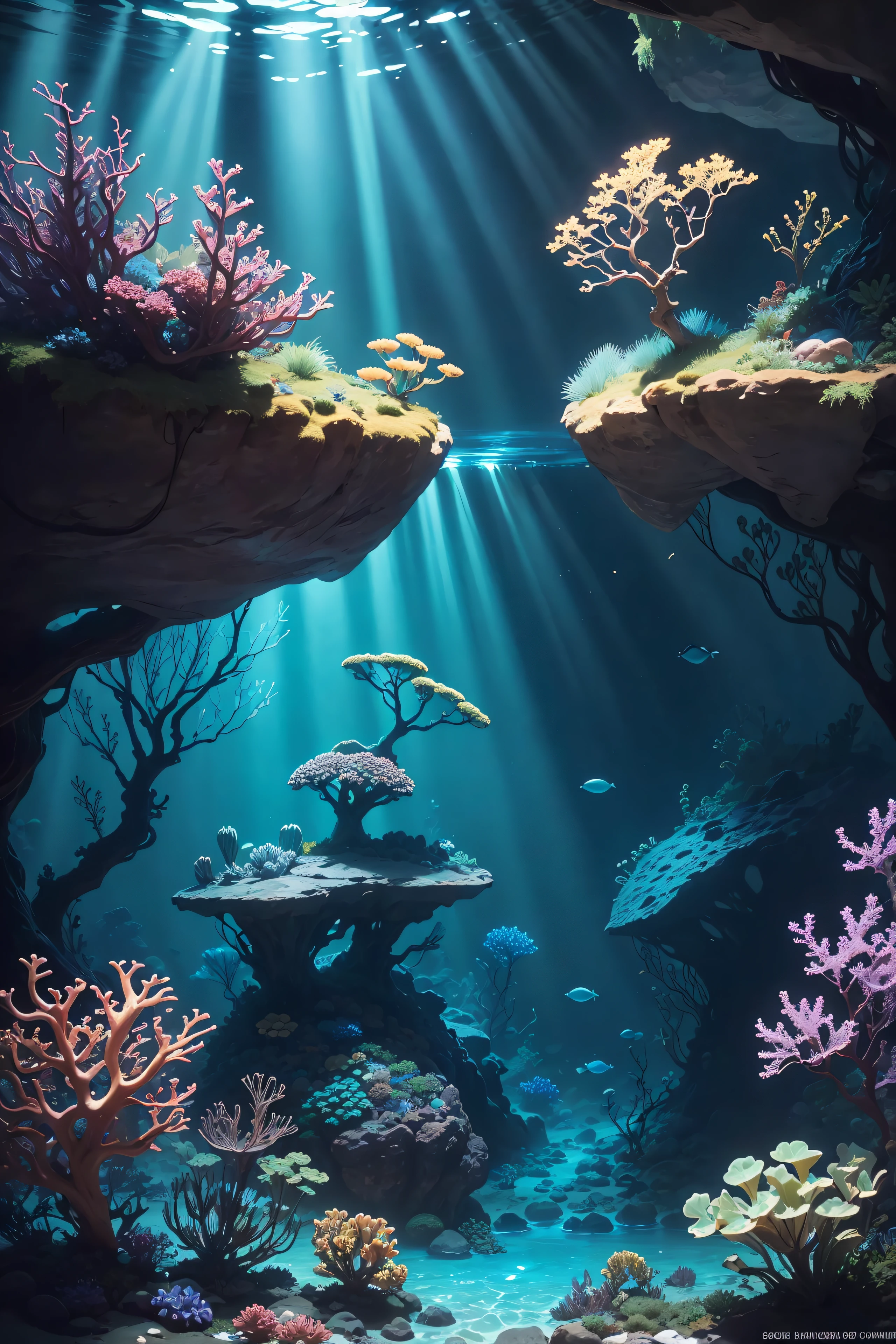 An intimate shot of a Dappled Light photo of underwater scene, bioluminescent flora, intricate coral formations, shimmering schools of fish, hidden underwater cave, ancient ruins, ethereal light rays, ((depth of field)), 8k, super detailed
