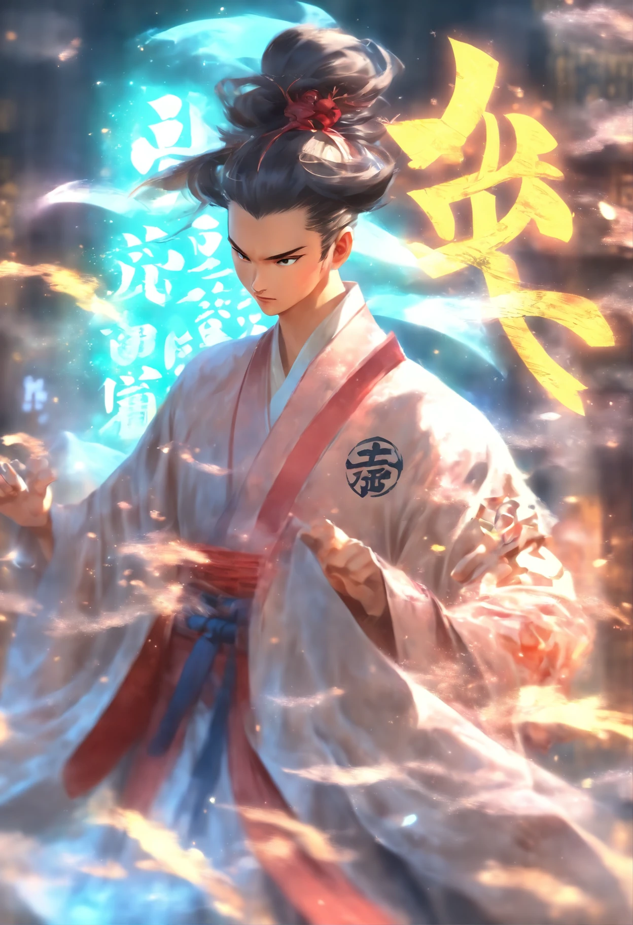 1boys,(((Solo))),full bodyesbian,Young scholars of ancient China,(Hold the transparent illuminated scroll:1.5),(Transparent glowing kanji hovering in midair:2),(Transparent kanji background:1.5),Vertical text,glittery,Scholar in blue robes,Long flowing hair flutters in the wind,16k, hyper HD, high resolution, Very detailed, Best image quality,dynamicposes,(20 columns of Chinese characters:1.6),arranged in an orderly fashion