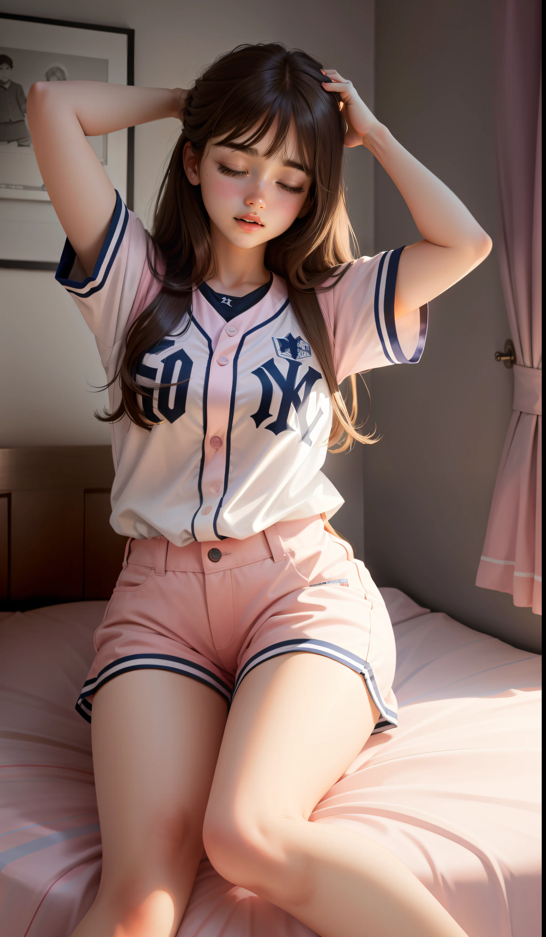 Sleeping Girl, 20 years old, Realistic,Wearing a New York Yankees uniform,Open legs, Expressions of satisfaction and relief, Brown hair. Pink bed theme and some cute stuffed animals on the bed,An ultra-high picture quality,high-detail,Get up,