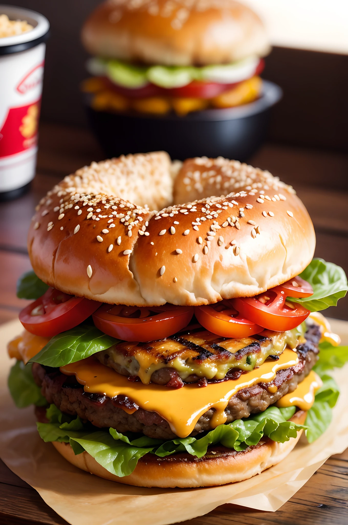 a delicious hamburger on a wooden table,medium:oil painting,juicy beef patty,sesame seed bun,melted cheese,mouthwatering bacon,crispy lettuce,fresh tomato slices,creamy mayonnaise,tangy ketchup,flavorful pickles,crunchy onion rings,grilled onions,perfectly grilled patty,grilled bun with grill marks,soft and fluffy,light reflecting on the food,rich colors,enhanced shadows and highlights,vibrant and appetizing,close-up focus on the burger,mouthwatering details,realistic textures,high-resolution image,amazing detail,realistic and vivid colors.