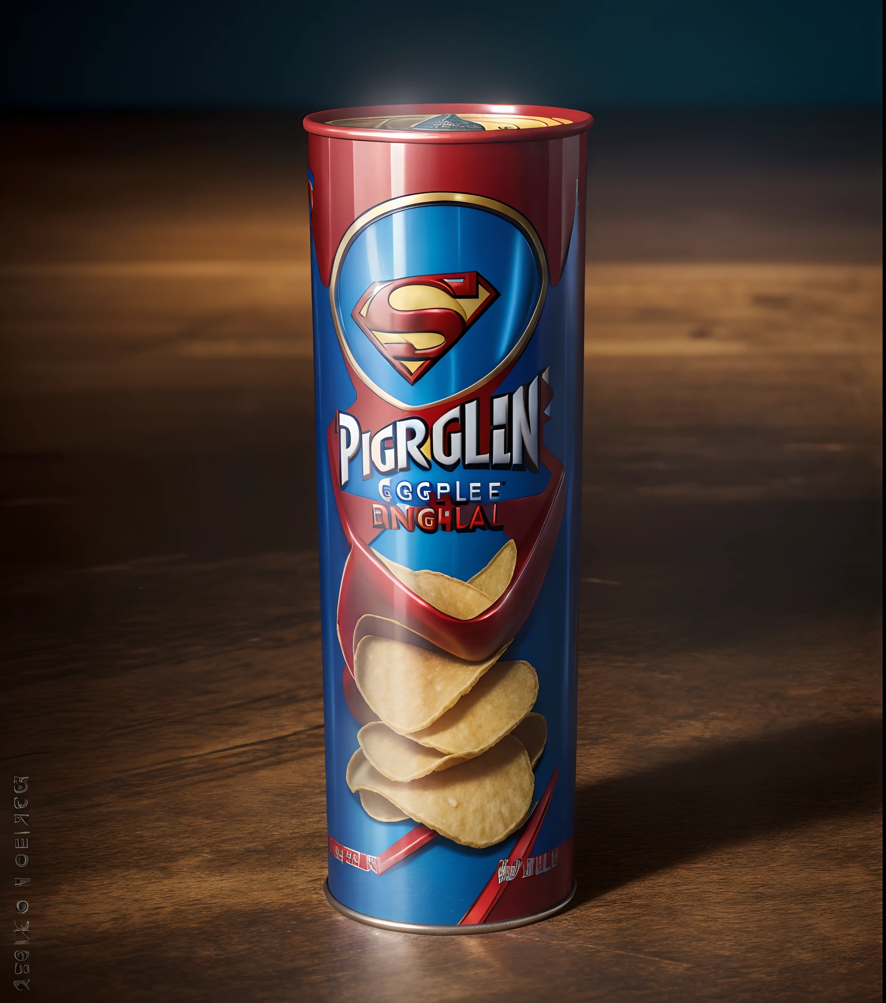 (best quality,highres),pringles superman edition,metallic red ,metalic blue, iconic shape of potato chips, , vividly  pringles  font on subject, portraits,vivid colors,sharp focus,physically-based rendering