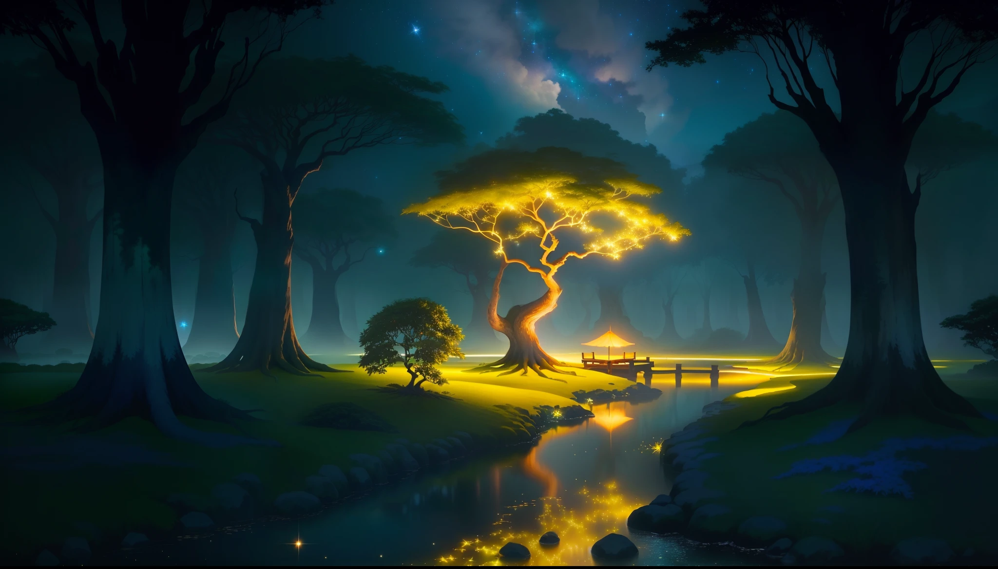 Sky with twinkling stars and bright color gradient.best qualtiy.Quiet creek.banyan tree.Dramatic.Beautiful green leaves.​masterpiece.best qualtiy.Fireflies and glowing particle effect.high-level image quality.