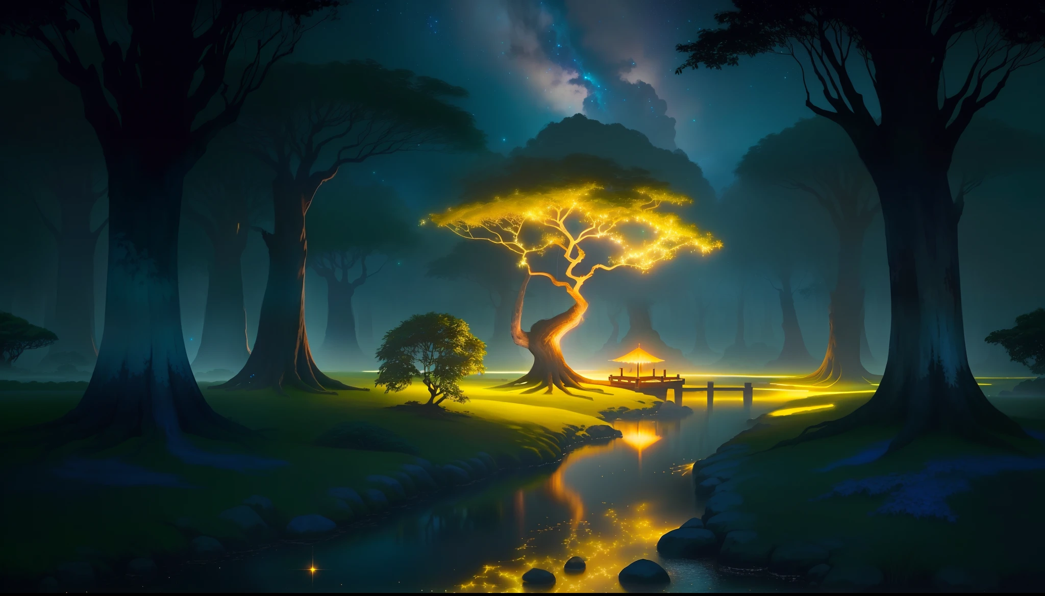 Sky with twinkling stars and bright color gradient.best qualtiy.Quiet creek.banyan tree.Dramatic.Beautiful green leaves.masterpiece.best qualtiy.Fireflies and glowing particle effect.high-level image quality.