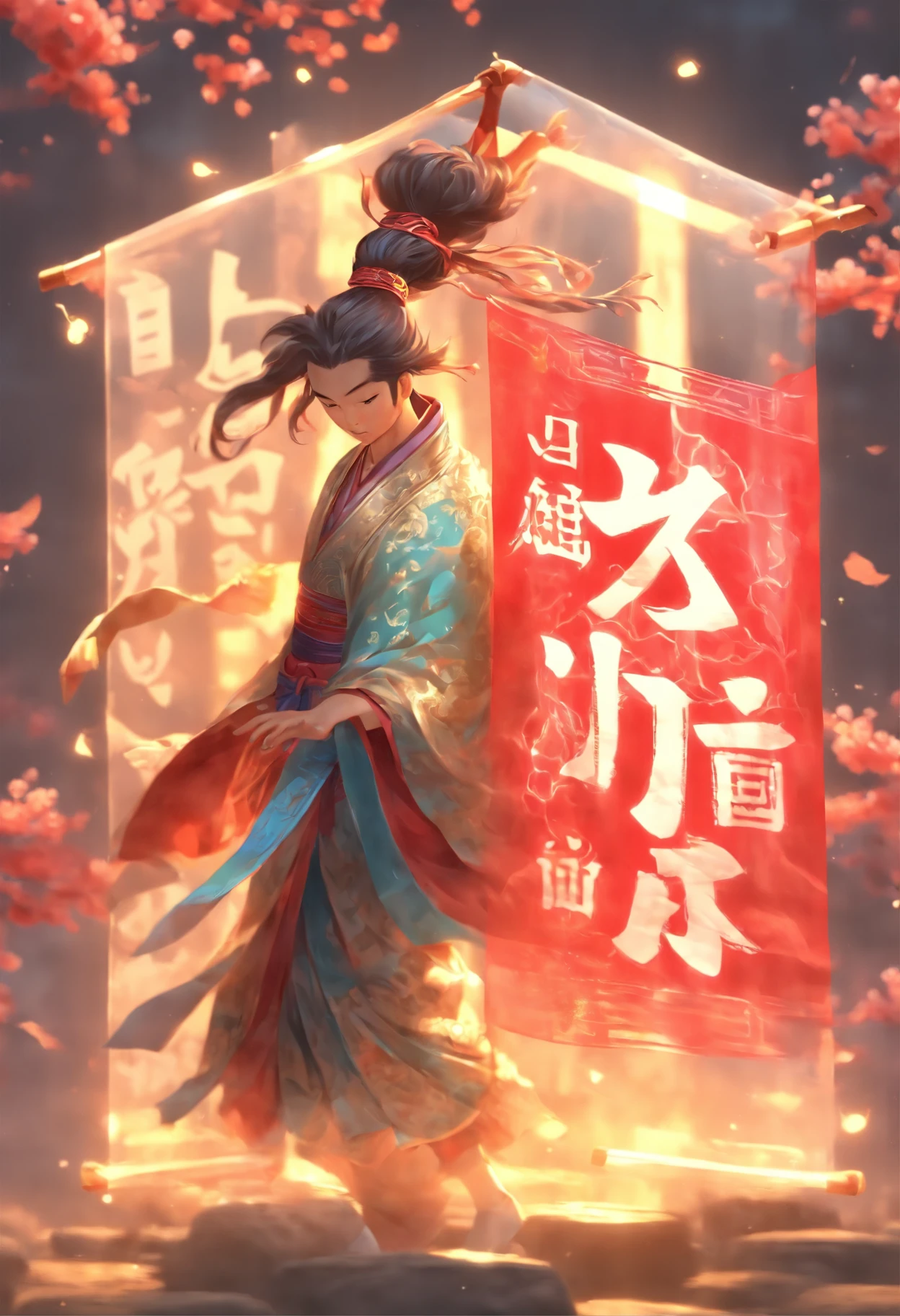1boys,(((Solo))),full bodyesbian,Young scholars of ancient China,(Hold the transparent illuminated scroll:1.5),(Transparent glowing kanji hovering in midair:2),(Transparent kanji background:1.5),Vertical text,glittery,Scholar in blue robes,Long flowing hair flutters in the wind,16k, hyper HD, high resolution, Very detailed, Best image quality,dynamicposes,(20 columns of Chinese characters:1.6),arranged in an orderly fashion
