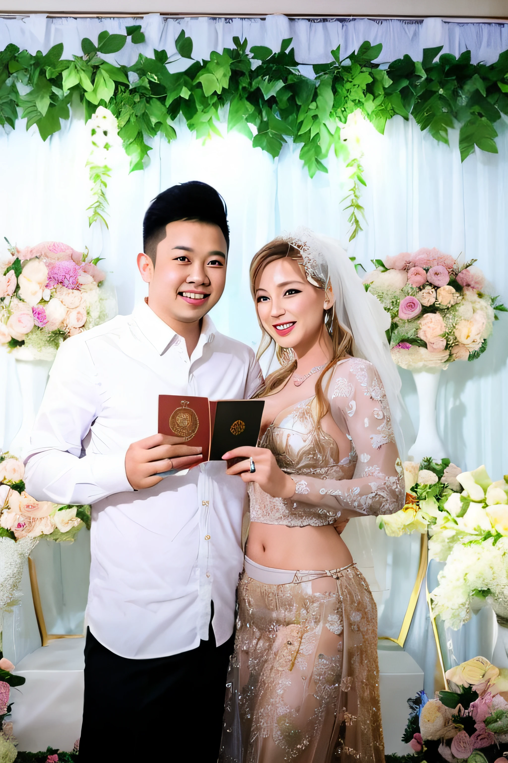 bride and groom pose for a picture with a passport in front of a floral backdrop, lovely couple, happy couple, wedding, couple, wedding photo, ๐ฐ ๐ โ ๐, by Basuki Abdullah, comming, bride and groom, full protrait, emir, exclusive, colored photo, ๐๐๐โบ๐๐๐, unreal enging, groom, wife, sexy pose, girl with bikini, man with good muscle