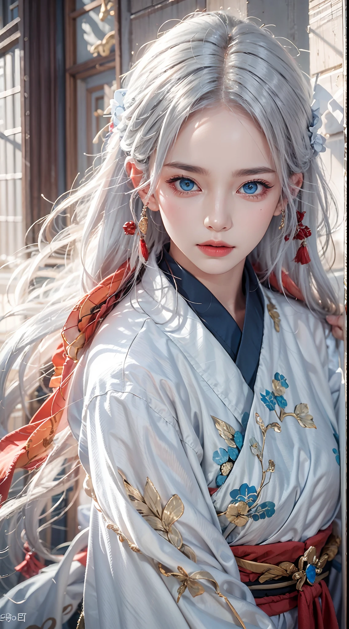 photorealistic, masterpiece, photorealistic, high resolution, soft light, waist up, blue eyes, red hanfu, white hair, long hair, Taoist robe,oversized clothes, jewelry, tatttoo