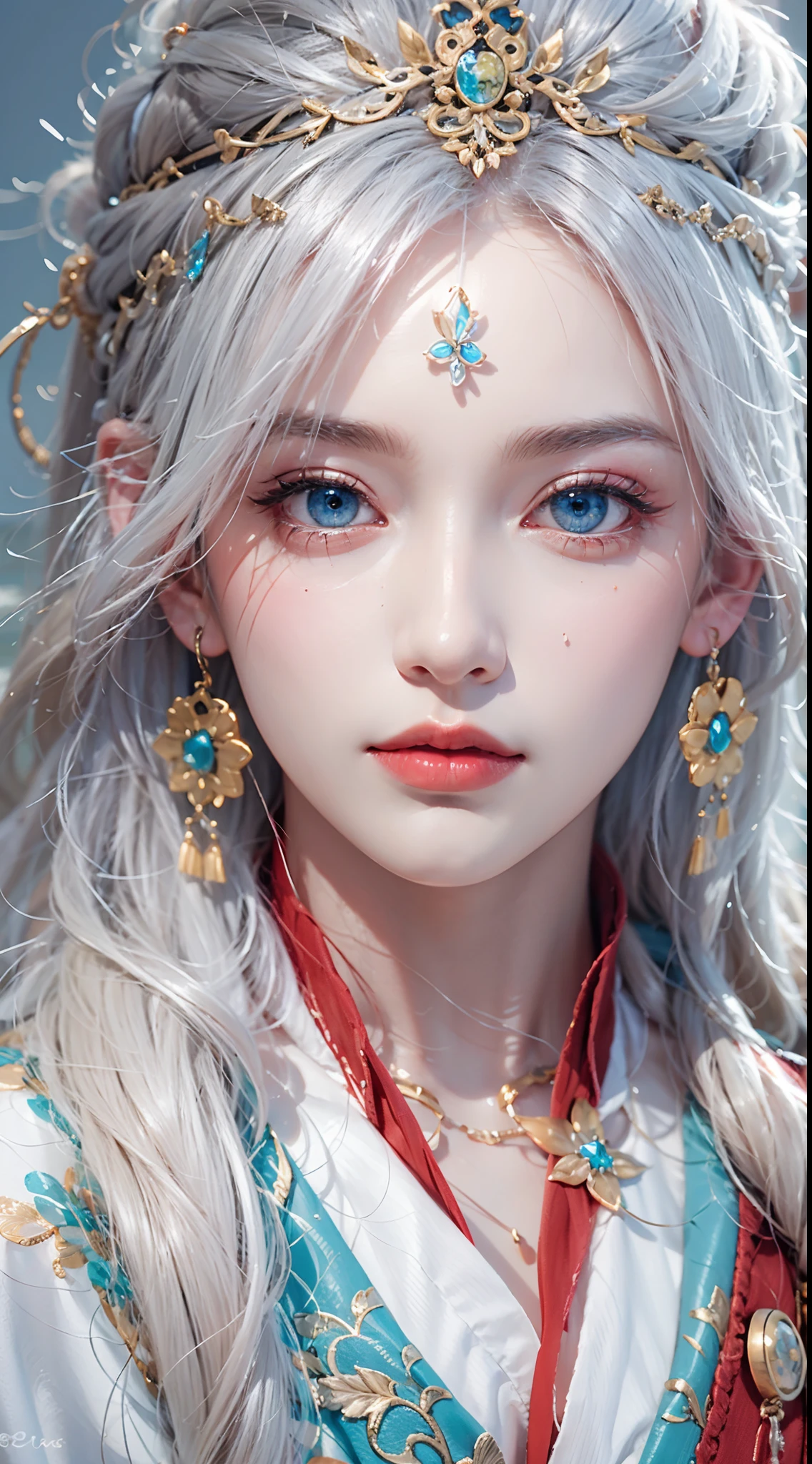 photorealistic, masterpiece, photorealistic, high resolution, soft light, waist up, blue eyes, red hanfu, white hair, long hair, Taoist robe,oversized clothes, jewelry, tatttoo