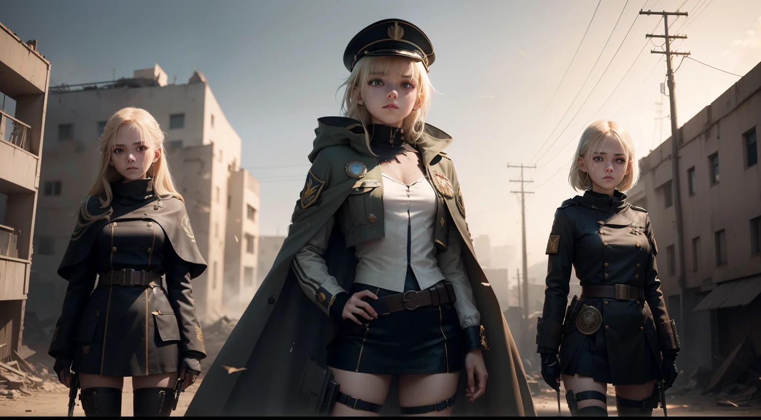 Destroyed towns,3 Ukrainian girls , Ukrainian anime girls , , Ukraine ,  Full body composition of young girl with messy bright blonde hair, eye make up, 13 year old,  Soft lighting, Solo, Old torn dirty shabby futuristic military uniform, badges, Pose, Blotch color, Octane Render, Hyperrealistic intricate detail, Cinematic, 8K resolution, 70mm, Accent Lighting, Global Illumination, Full body portrait, clean detailed faces, intricate clothing, Cute face, flat chest, Slim waist, Slim legs, small hips,Major's uniform,Major's hat,Holding a handgun,Long jacket,Carrying a cloak,actionpose,Fancy Action,