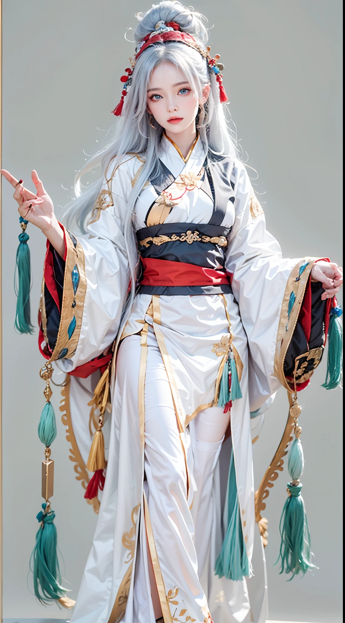 photorealistic, masterpiece, photorealistic, high resolution, soft light, waist up, blue eyes, red hanfu, white hair, long hair, Taoist robe,oversized clothes, jewelry, tatttoo