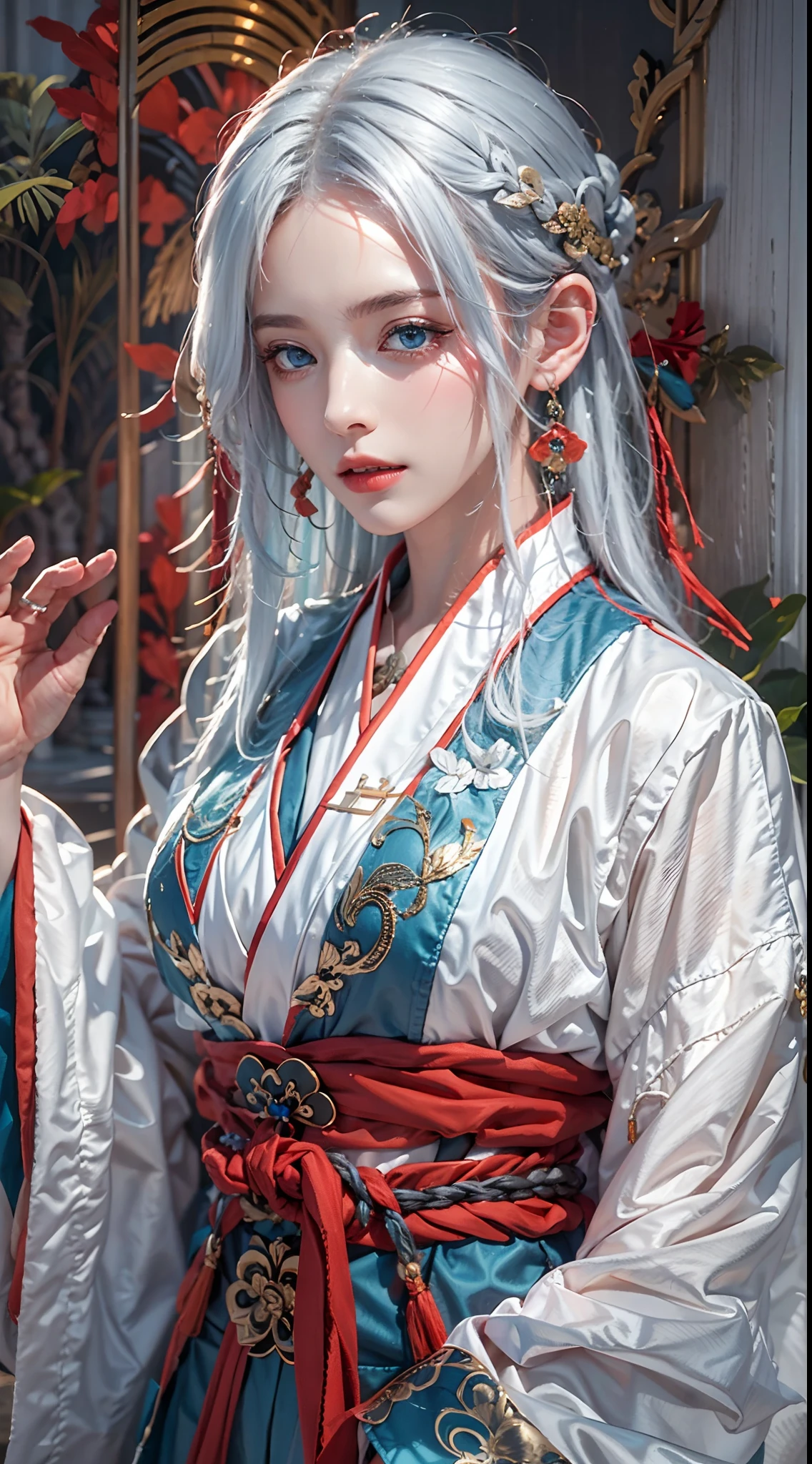 photorealistic, high resolution, soft lights, 1women, solo, hips up, blue eyes, white hair, long hair, blue eyes, red lips, jewelry, hanfu