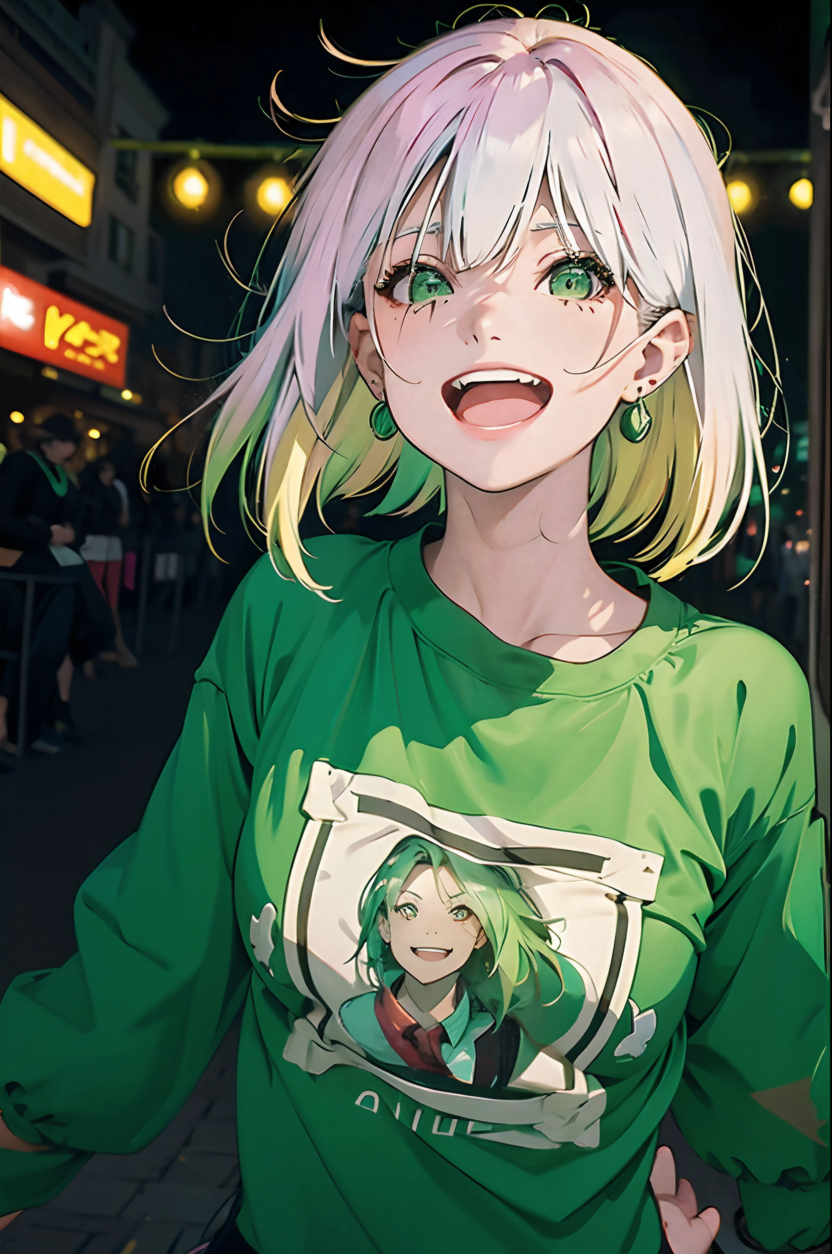 arafed woman laughing on the street with her mouth open, green shirt, laughing, linsey levendall, earing a shirt laughing, mid shot portrait, photo portrait, looking happy, medium portrait, she expressing joy, infp young woman, candid portrait photo, wearing green clothing, brandon woelfel, candid, 3 5 mm portrait