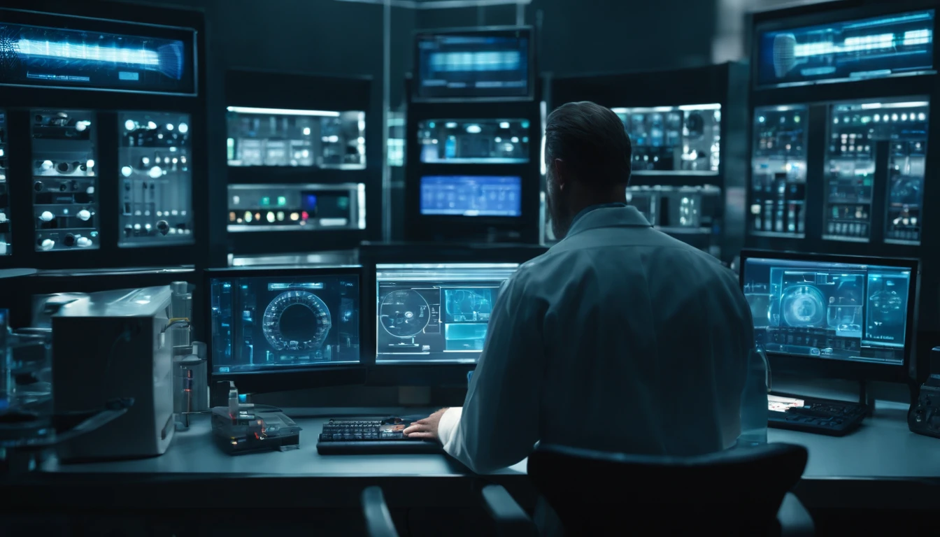 An image of a modern, high-tech laboratory with blue-tinted lighting reflecting off computer screens. In the laboratory, Dr. Octavius is standing in front of a complex control panel, operating buttons and experimental equipment. On the worktable, there are various scientific instruments and chemicals, ultra realistic, (hyperrealism:1.1),(detailed:1.2)