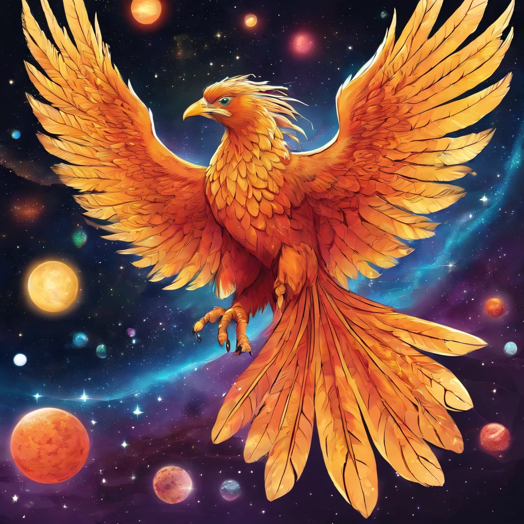 Proud Bright phoenix, flying through deep space with stars and planets in the background highly detailed, wings fully spread out, long tail feathers, perfectly formed feet and claws, realistic detail, UHD, 4k, dream like, surreal,