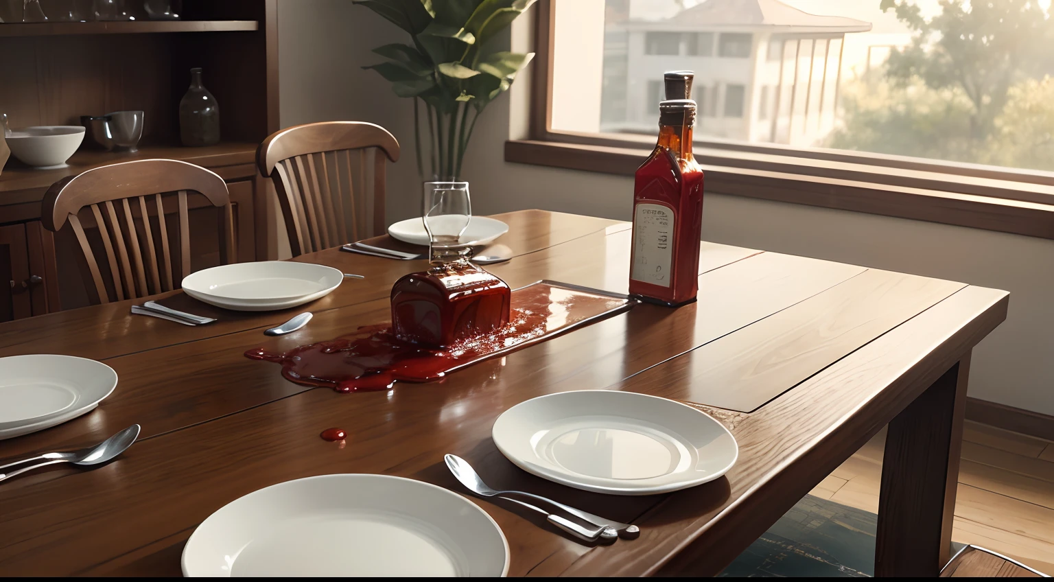A dining table,A glass of water,A bottle of chili sauce