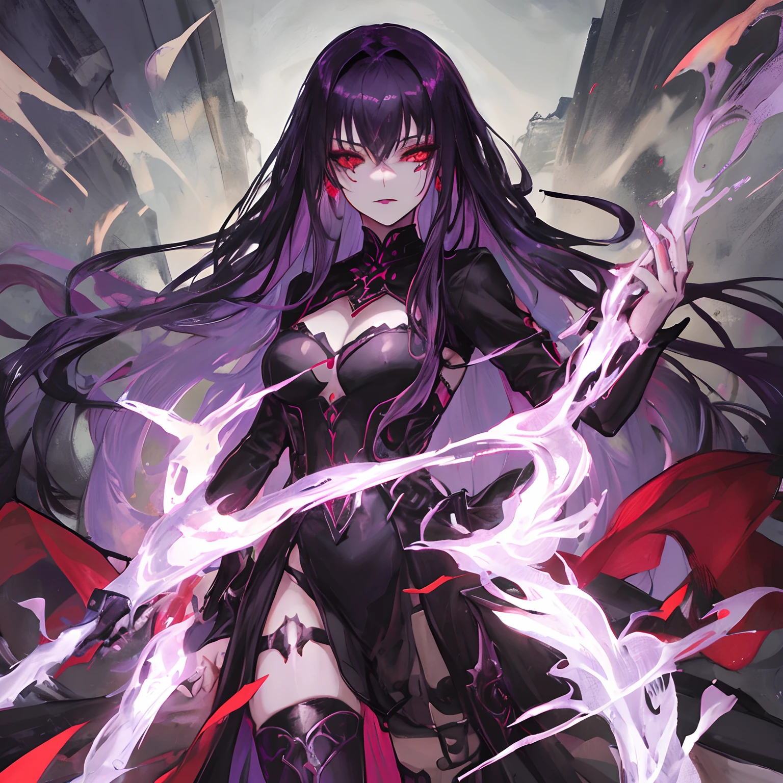 Woman, long dark purple hair, red eyes with a bright light, black long open dress, witch, silver jewelry in the shape of ribs, metal mask on half of the face, black lipstick