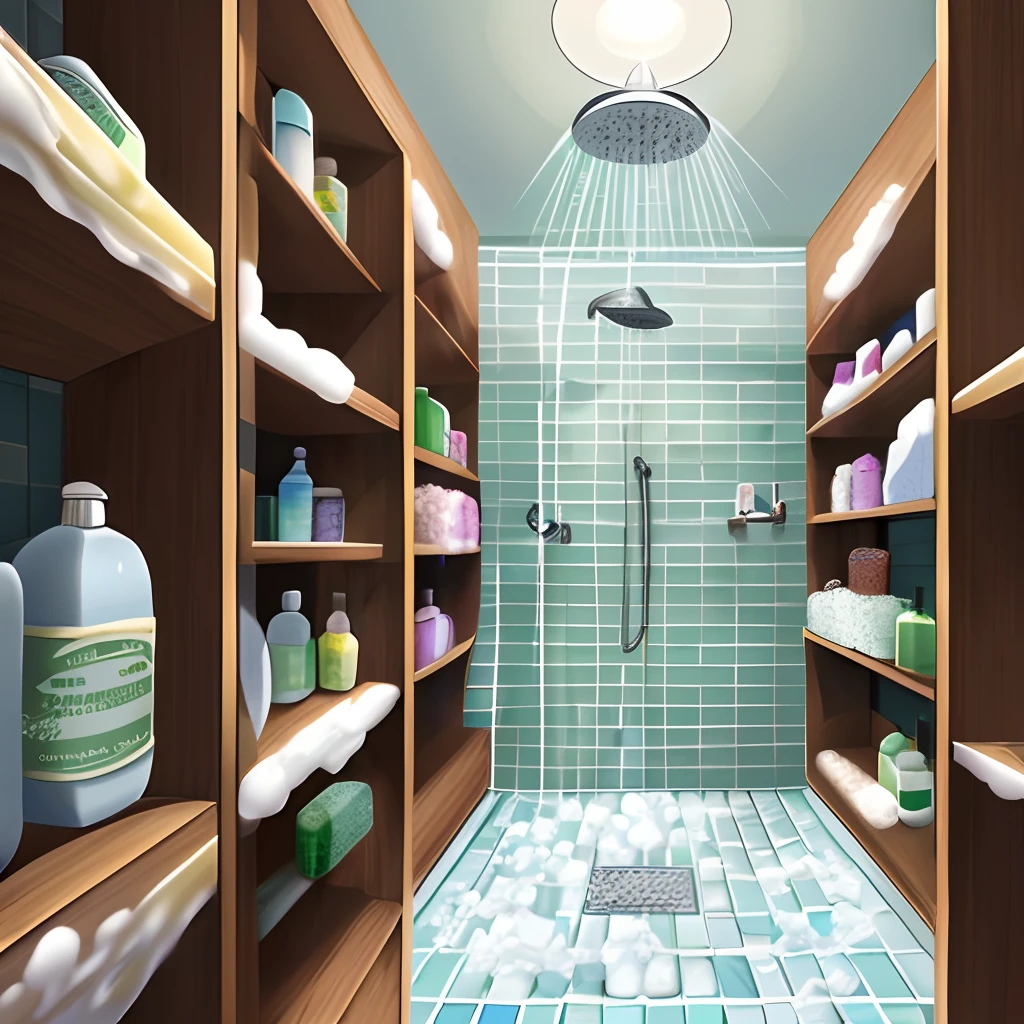 (walk in shower, large shower, open shower door), (soap bottles, more soap bottles, soap), ((detailed environment)), (perspective from down low, low view) ((shelves in shower, shelves with soap bottles in shower, shelves with soap bars in shower))