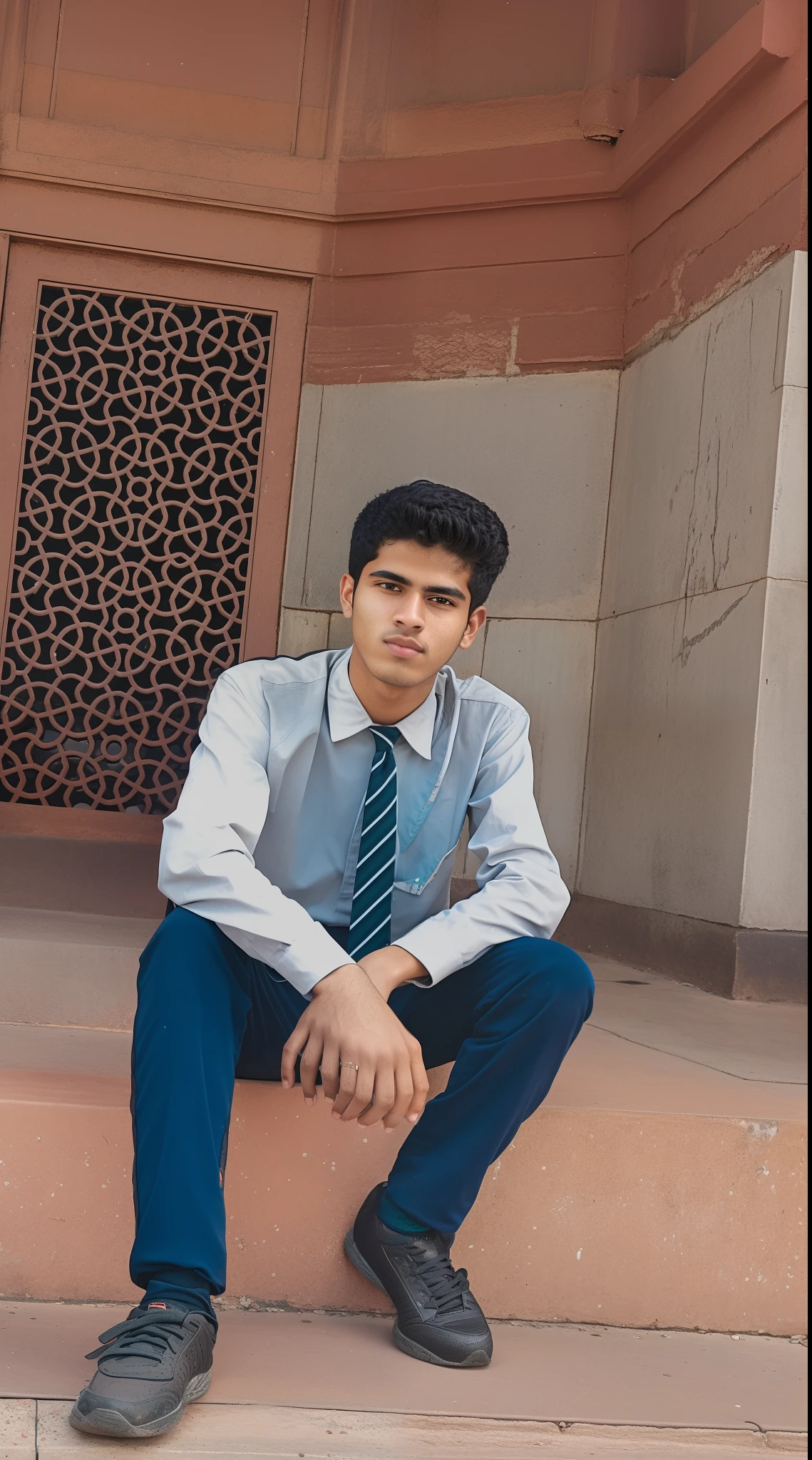 arafed man sitting on steps in front of a building, candid picture, with a cool pose, at college, candid photo, around 1 9 , old picture, riyahd cassiem, khyzyl saleem, in a menacing pose, very very low quality picture, taken with sony alpha 9, inspired by Saurabh Jethani