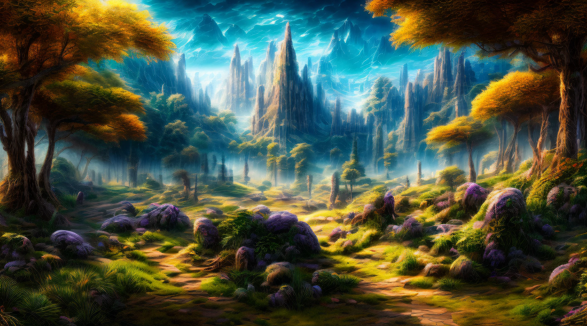 An epic cinematic jungle landscape, meticulously crafted in 4K HD, showcasing the jungle's grandeur with vibrant and beautiful colors, a scene that transports viewers into a fantasy world, Digital illustration with high-definition rendering,