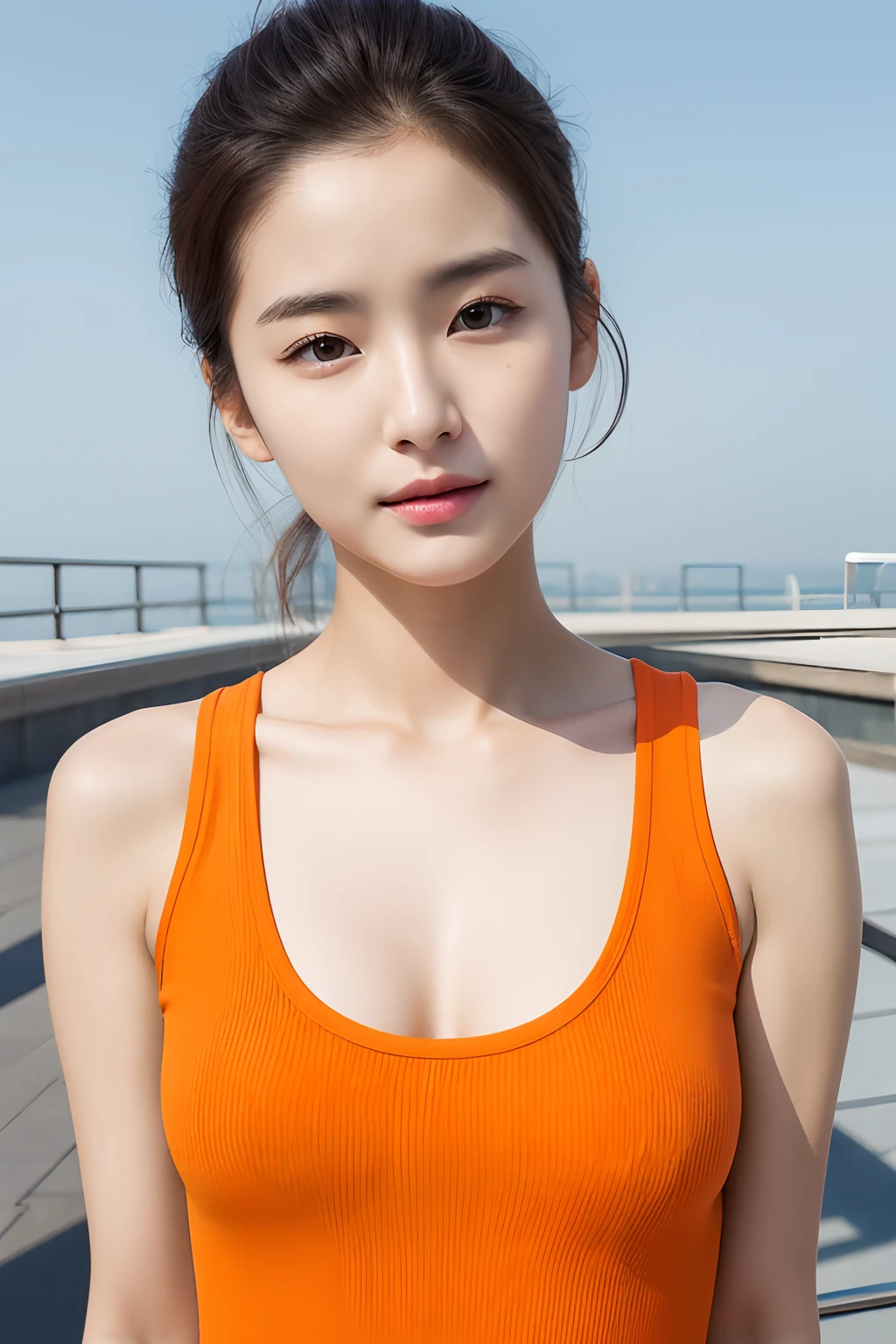 Realistic photos of 1 cute Korean actress, hair pulled back., White skin, thin makeup, Bust size 32 inches, Wearing orange tank top, on the rooftop, upper body portrait, Fujifilm, UHD