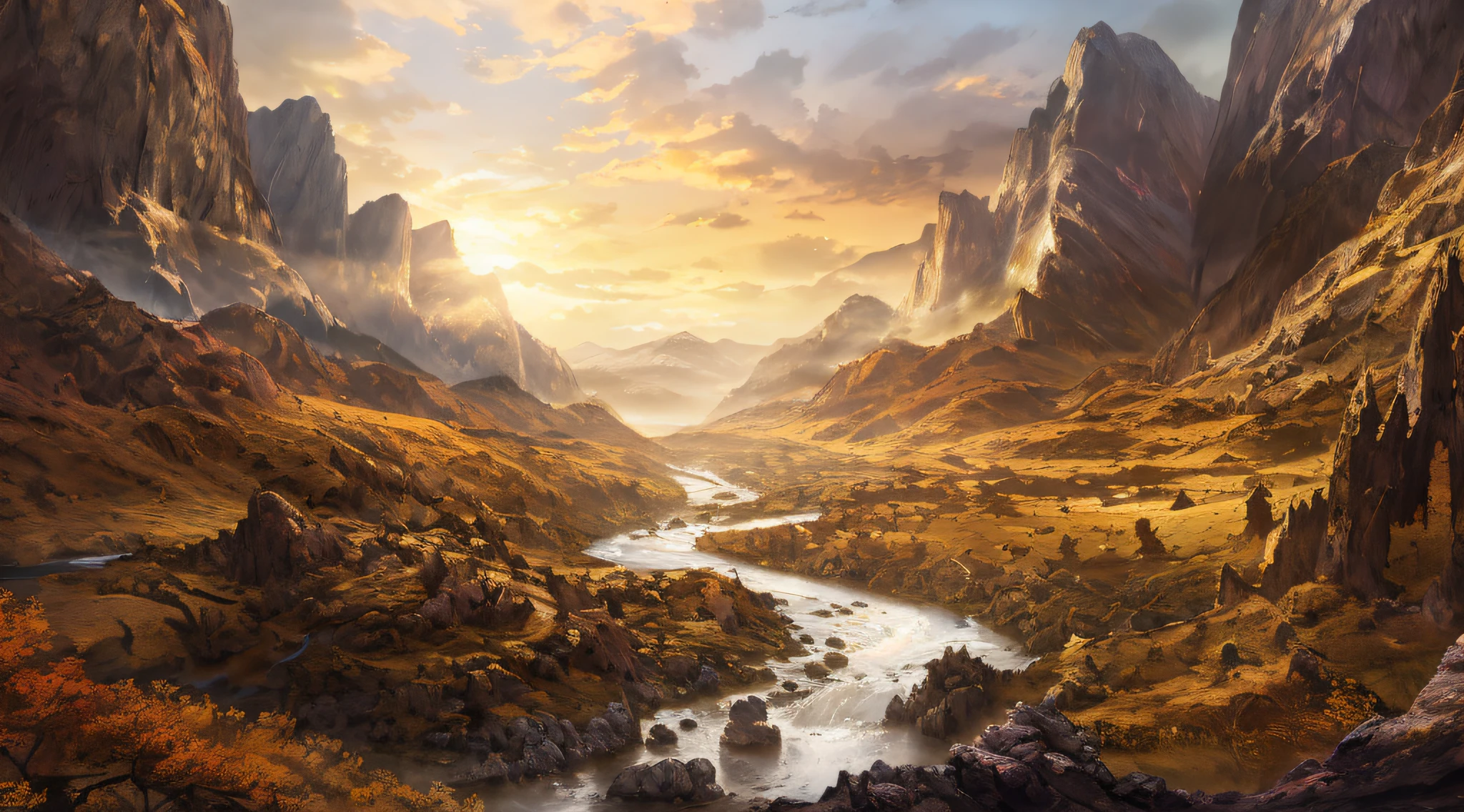 mountains and a river in a valley with a sunset in the background, an epic landscape, middle earth landscape, 4k hd matte digital painting, epic landscape, most epic landscape, sunset in a valley, 4 k matte painting, beautiful render of a landscape, 8k matte painting, 8 k matte painting, epic fantasy landscape, epic beautiful landscape, matte painting”
