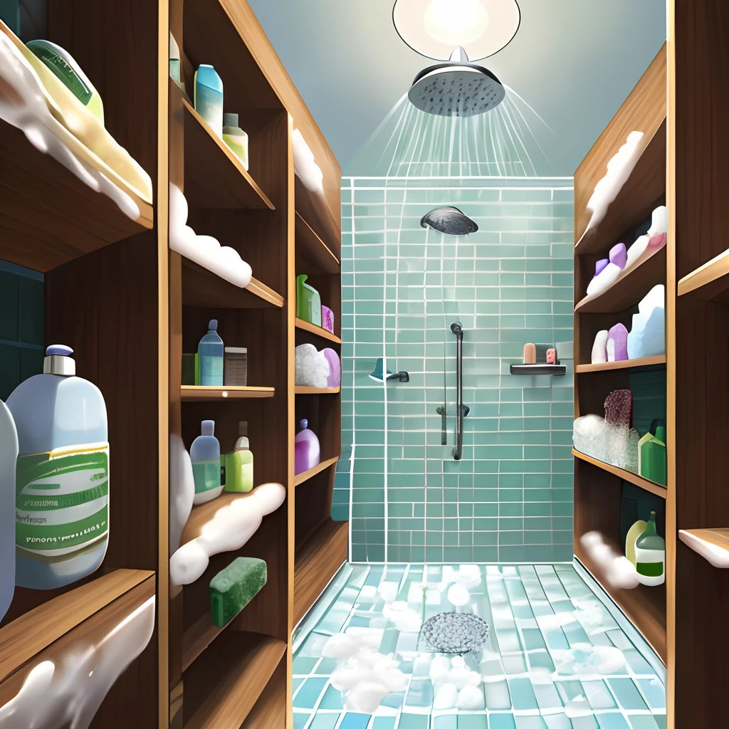 (walk in shower, large shower, open shower door), (soap bottles, more soap bottles, soap), ((detailed environment)), (perspective from down low, low view) ((shelves in shower, shelves with soap bottles in shower, shelves with soap bars in shower))