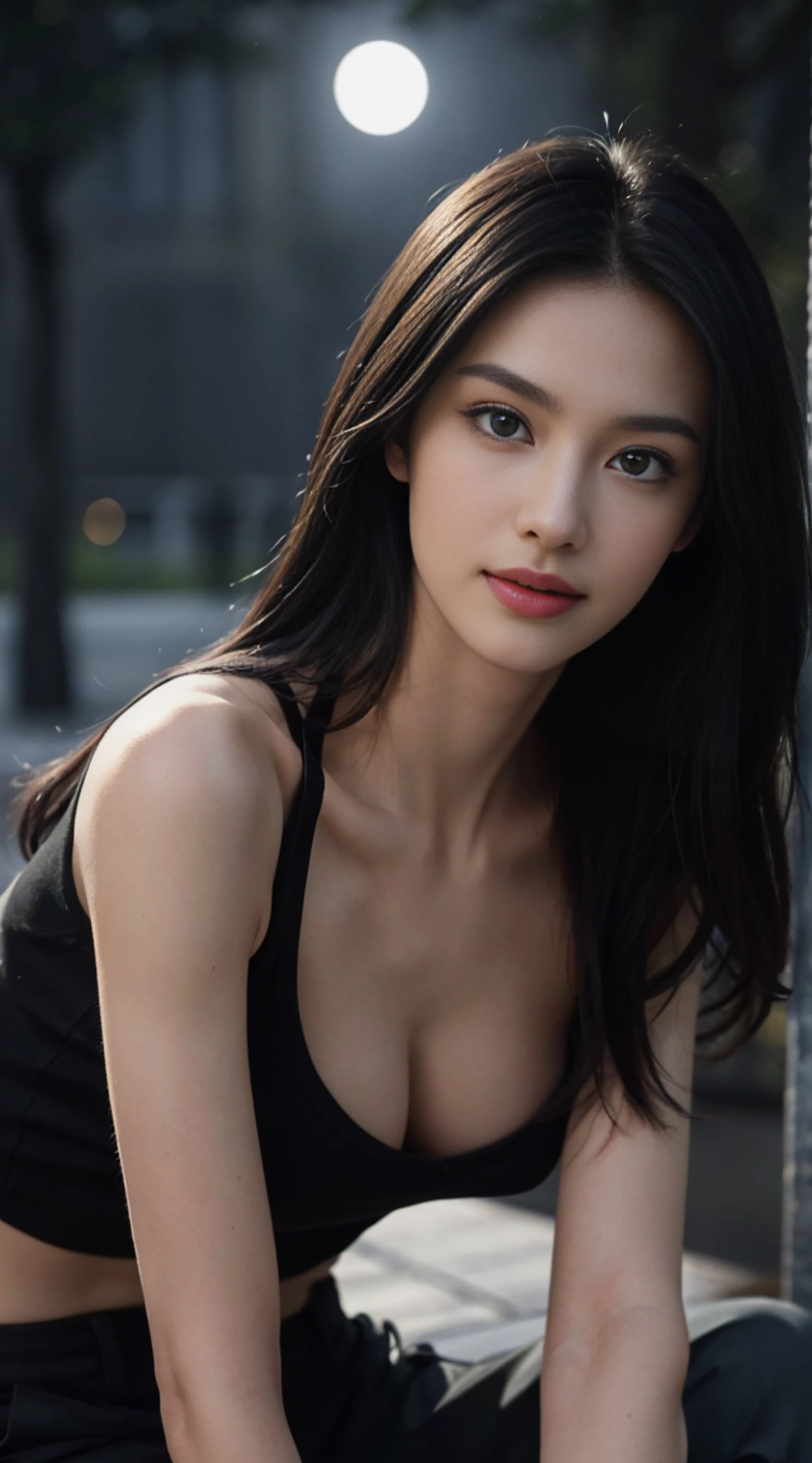 8K, Top Quality, Intricate Details, Ultra Detail, Ultra High Resolution, Masterpiece, random angle, Slender, Smile, (Makeup: 0.4), (Fluffy Blue Eyes: 1.21), blue Eyes, looking at viewer, ((full body)), 1girl, solo, 1 girl, (( full body)), close up shot, , ((tall)), (((fit body))), (((slim face))), sharp face, sharp eyes, (((black hair, long hair, )) , (detailed face), sharp face, small lips,
(( t)), ((cargo pants)), detailed face, detailed breast, , large breast, detail ass, , Beautiful girl with accentuated slender abs: 1.4, Six Pack Abs: 1.4, Bust Botox, Big, Perfect Body, detail leg, (( moonlight)), top of mountain