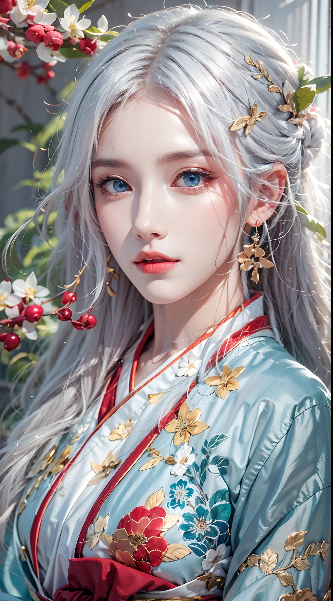 photorealistic, masterpiece, photorealistic, high resolution, soft light, waist up, blue eyes, red hanfu, white hair, long hair, wedding hanfu,oversized clothes, jewelry, tattoo, cherry blossome