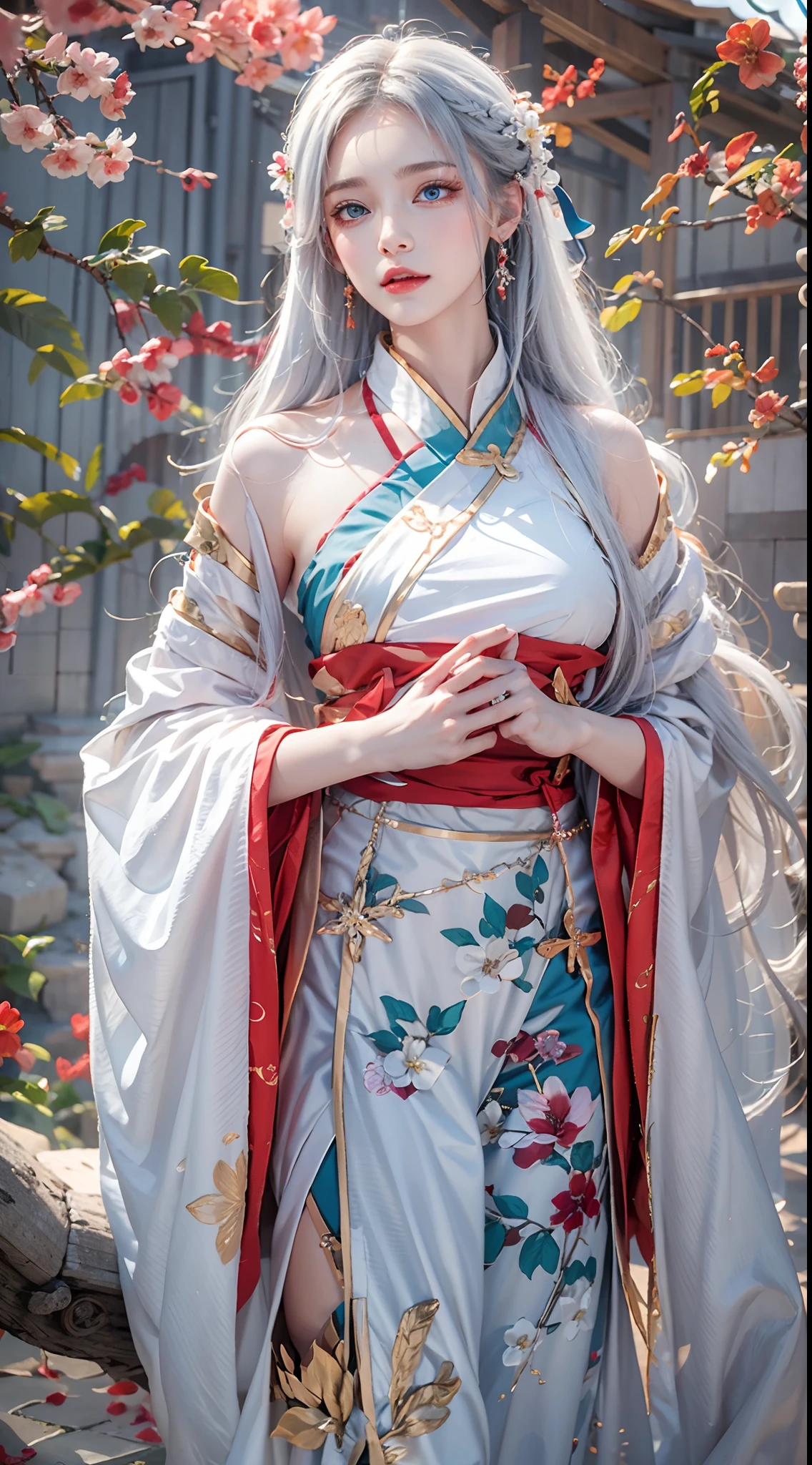 photorealistic, masterpiece, photorealistic, high resolution, soft light, waist up, blue eyes, red hanfu, white hair, long hair, wedding hanfu,oversized clothes, jewelry, tattoo, cherry blossome