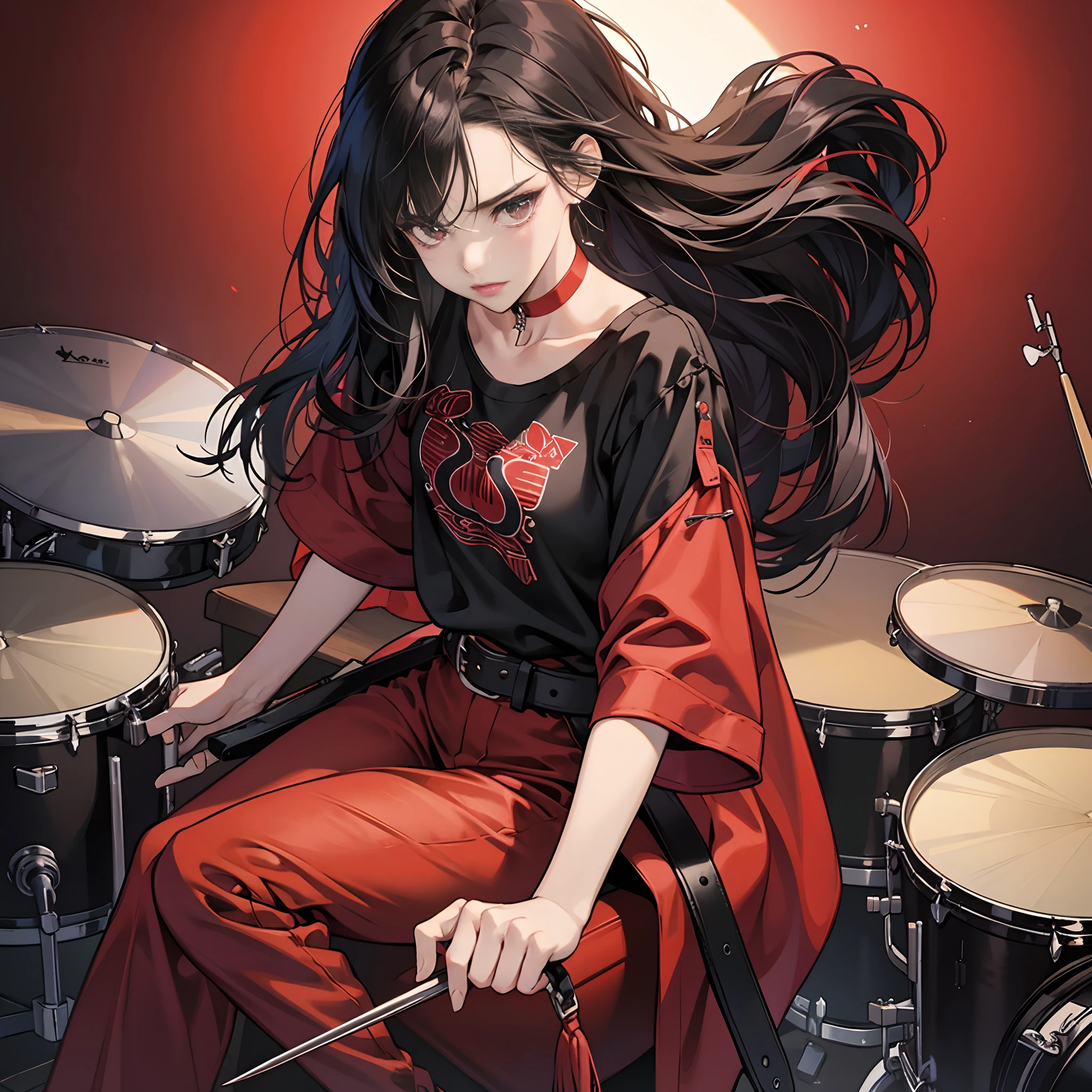 (Best Quality,4K,hight resolution), An 18-year-old woman,Band Background,drum,drummer, Red mesh color on black hair, length hair,straight haired,Cool Woman,sharp eye,glares,,Delicately drawn illustrations,realistic representation,Music Studio Background,gothic atmosphere,Visual kei,Oversized Rock T-Shirt,Dowel dowel feeling,a red choker,leather pant,cross belt
