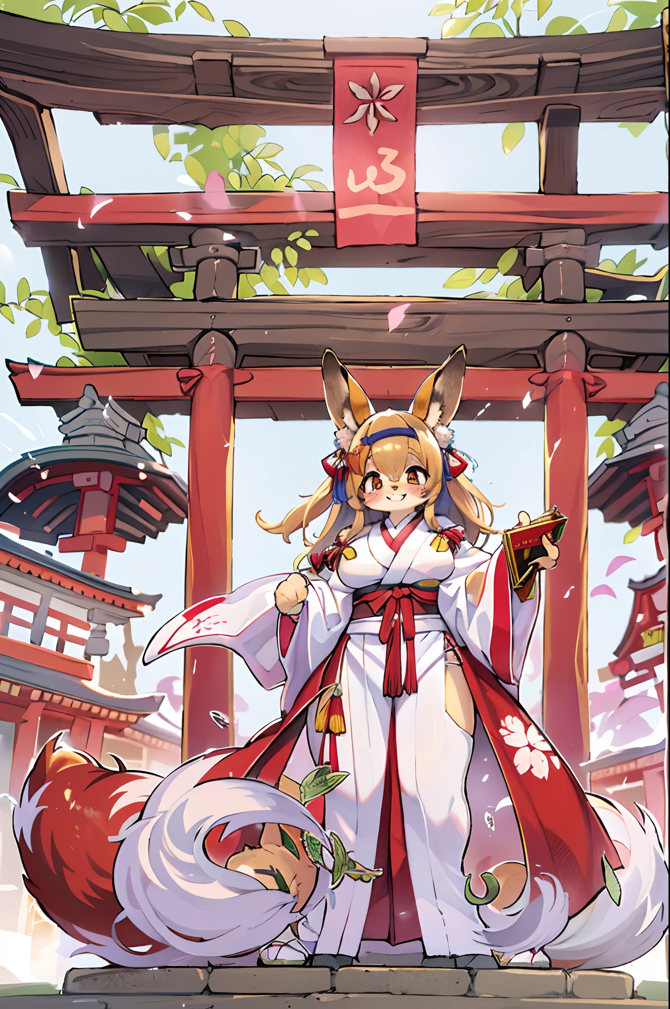 Fox Woman、body covered with fur、huge-breasted、kawaii、shrine maiden、Japan white clothes,Red Hakama、torii gate,summer day、((High Position))、A big smile、bbw、thick thight、big butts、Ultramammy,Chibi,Nanachi