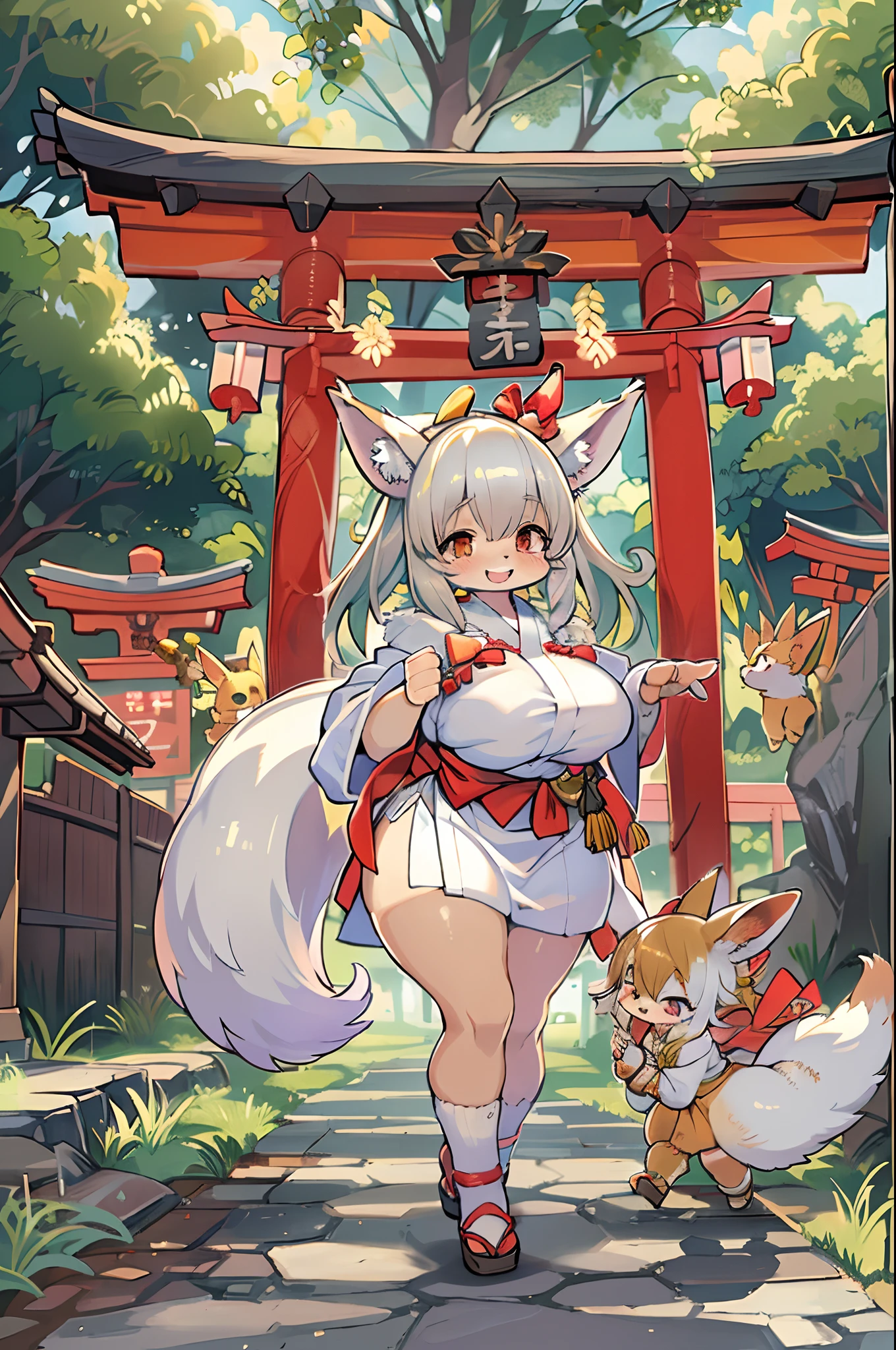 Fox Woman、body covered with fur、huge-breasted、kawaii、shrine maiden、Japan white clothes,Red Hakama、torii gate,summer day、((High Position))、A big smile、bbw、thick thight、big butts、Ultramammy,Chibi,Nanachi