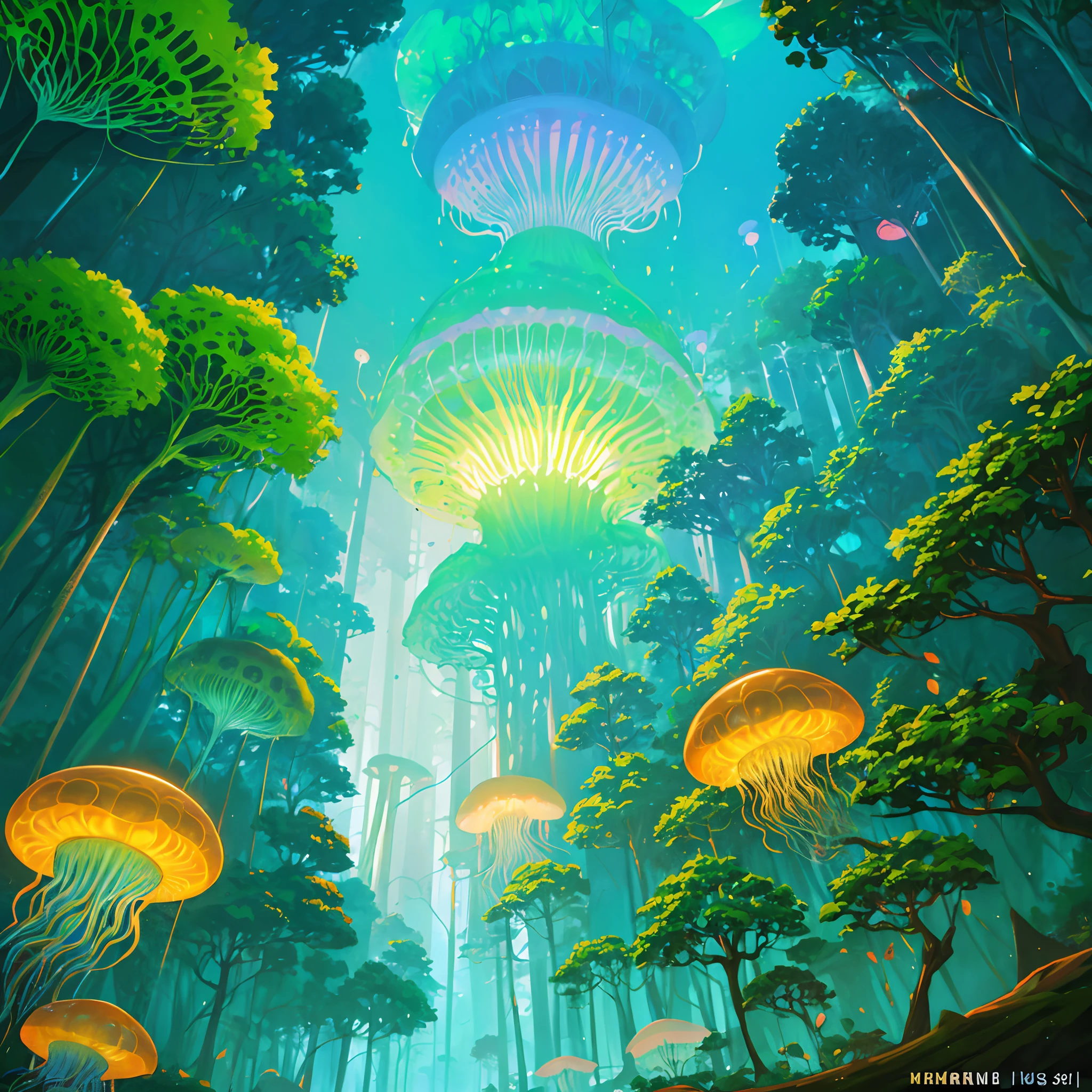 (Best quality), (masterpiece:1.3), (Animated Style Illustration:1.36), ultra-detailed, nature, Humidity in the rainforest, Untamed jungle, Dense jungle, where colorful jellyfish, float through the air. Fantastic jungle reflected by small jellyfish that emit light at night. Epiphytic plants, Detailed drawing. vivid colors. High image quality. Unmanned, Tropical rainforest forest,
